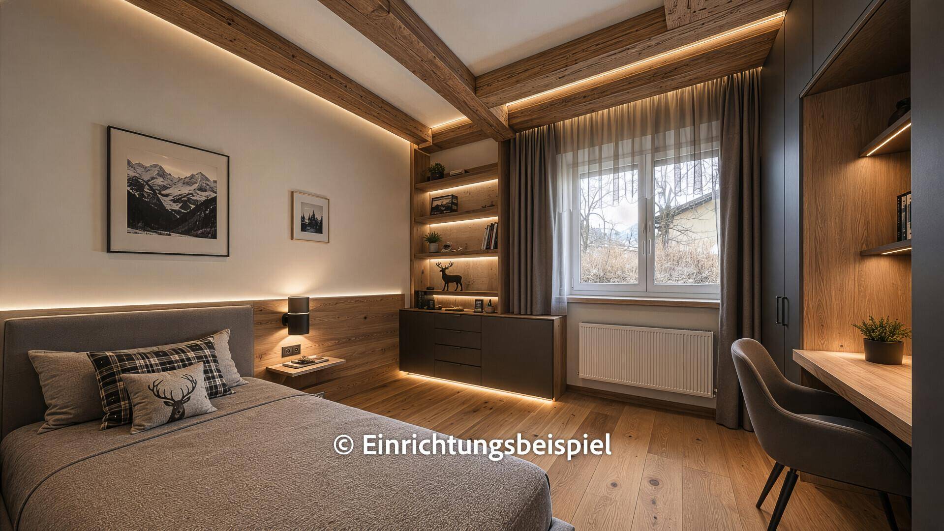 Modernes Schlafzimmer im alpinen Stil mit Bett, integriertem Schreibtisch und Regalen.