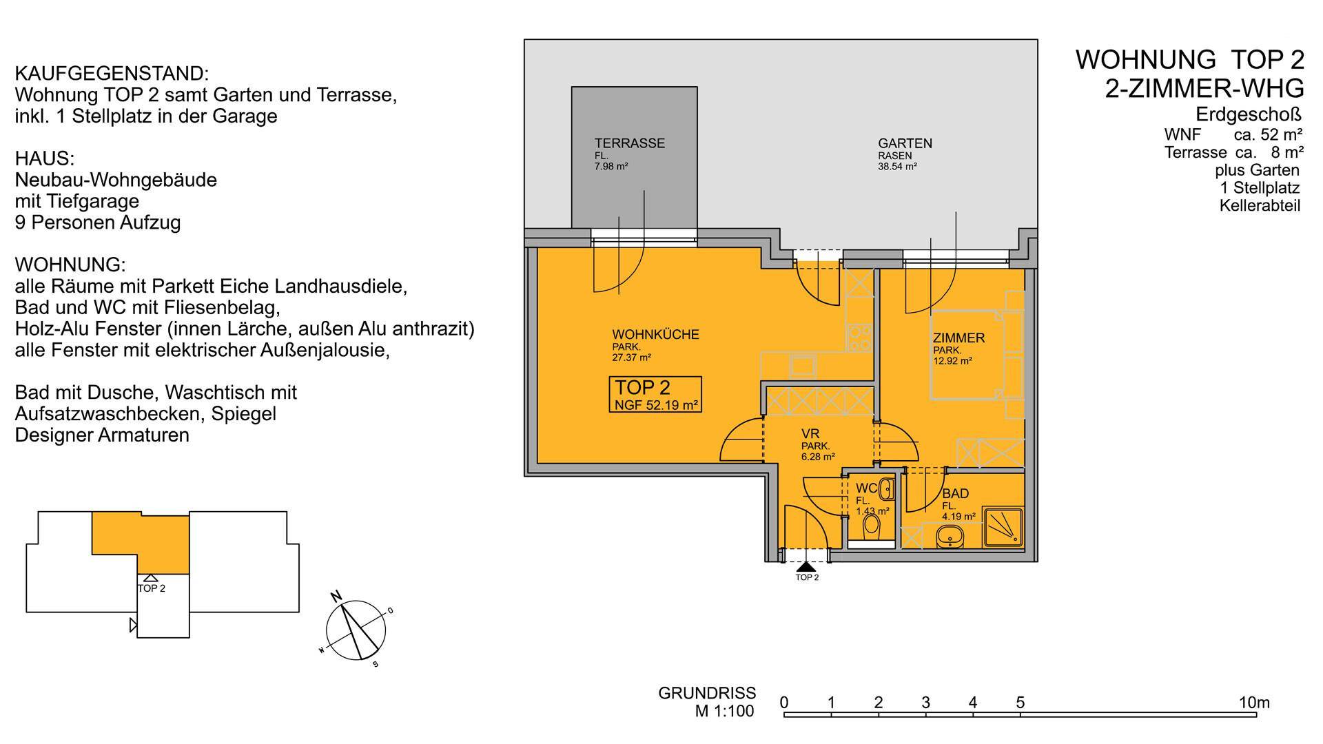 Grundriss einer 2-Zimmer-Wohnung mit Wohnküche, Terrasse und Gartenanteil.