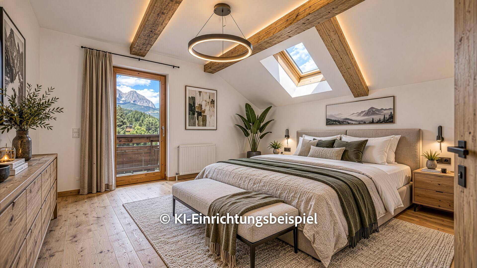 Gemütliches Schlafzimmer mit Holzbalken, großem Bett und Balkonzugang mit Bergblick.