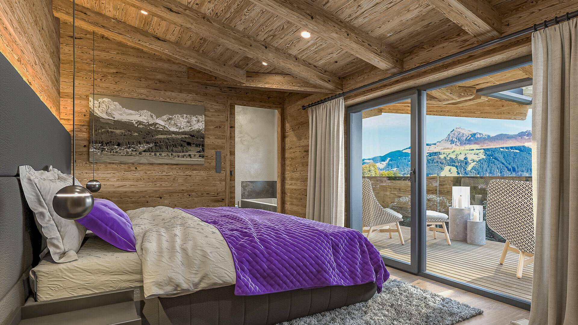 Gemütliches Schlafzimmer im alpinen Stil mit Holzwänden, Balkonzugang und herrlichem Bergblick.