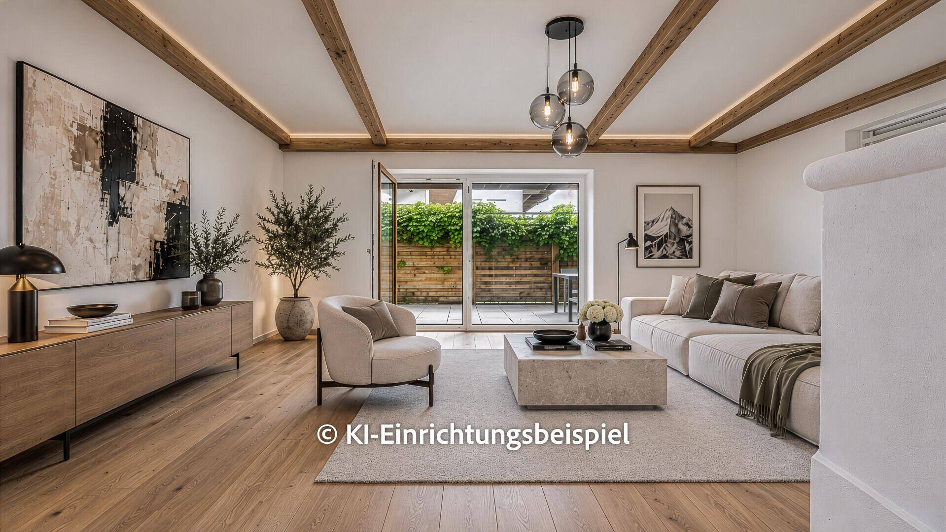 Stilvolles Wohnzimmer mit Holzbalkendecke, moderner Einrichtung und großem Fenster zur Terrasse.