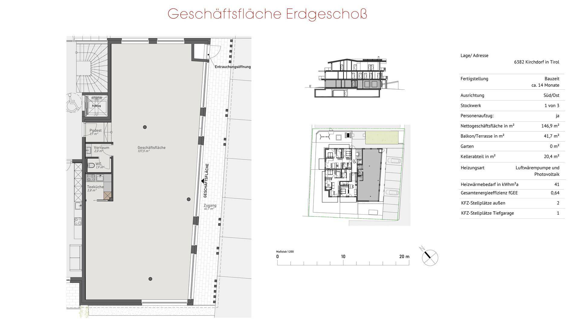 Detaillierter Grundriss einer Geschäftsfläche im Erdgeschoss mit zusätzlichen Informationen zur Lage und Ausstattung.