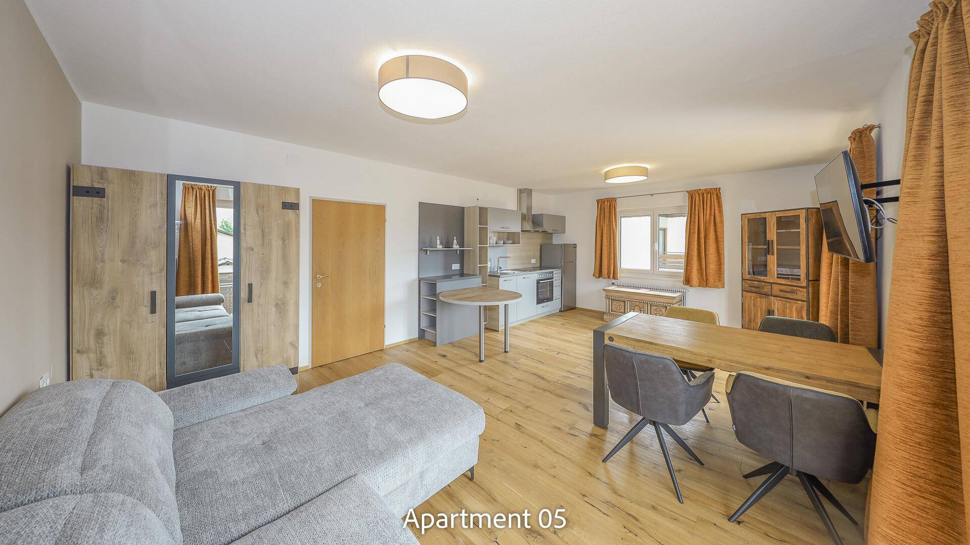 Offener Wohn-Ess-Küchenbereich von Apartment 05 mit moderner Einrichtung, Holzboden und grauer Küche.