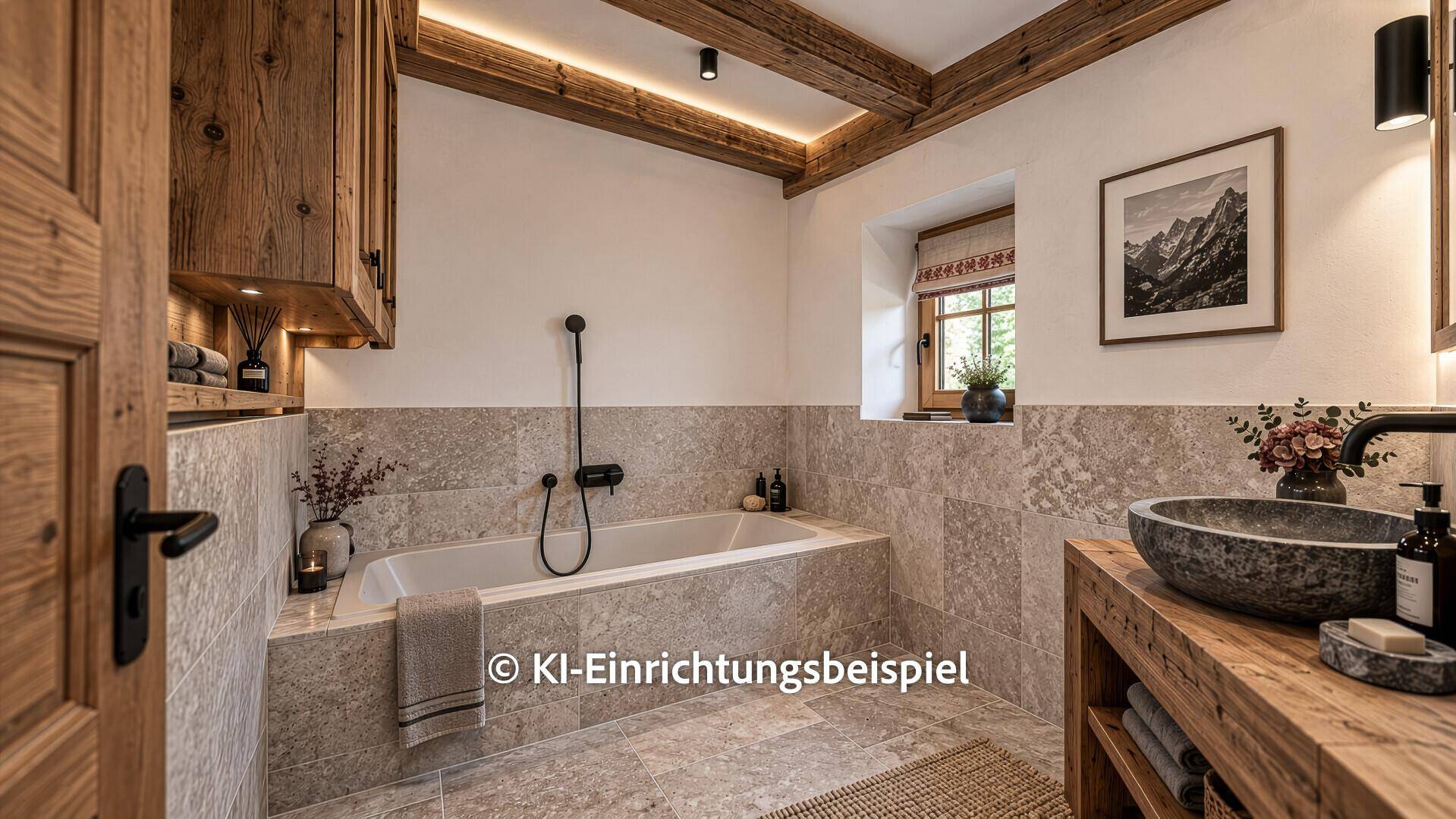 Modernes Badezimmer mit Natursteinfliesen, Holzbalken und einem stilvollen Steinwaschbecken.