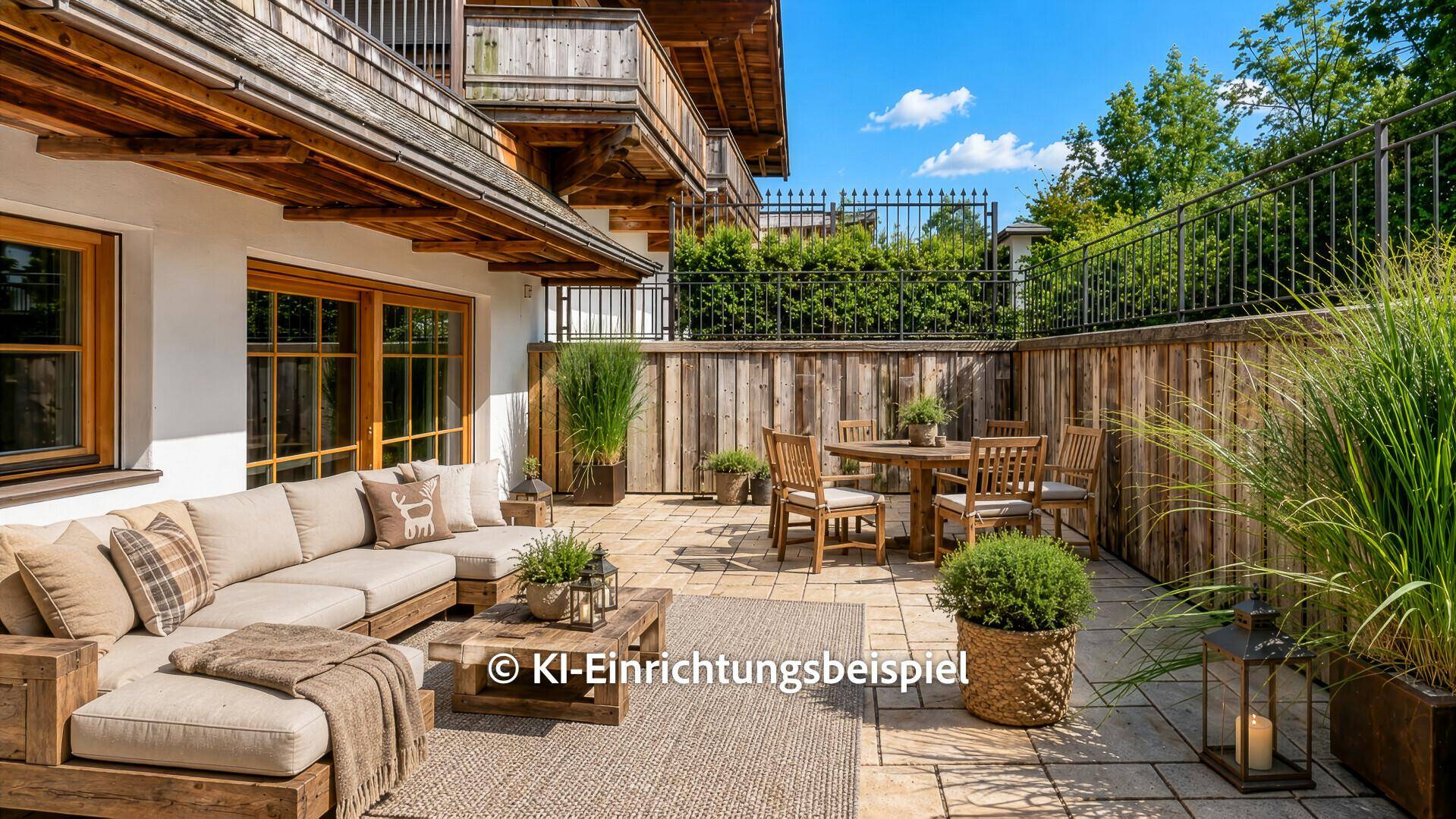 Möblierte Terrasse mit gemütlicher Sitzecke und Esstisch, ideal für entspannte Stunden im Freien.