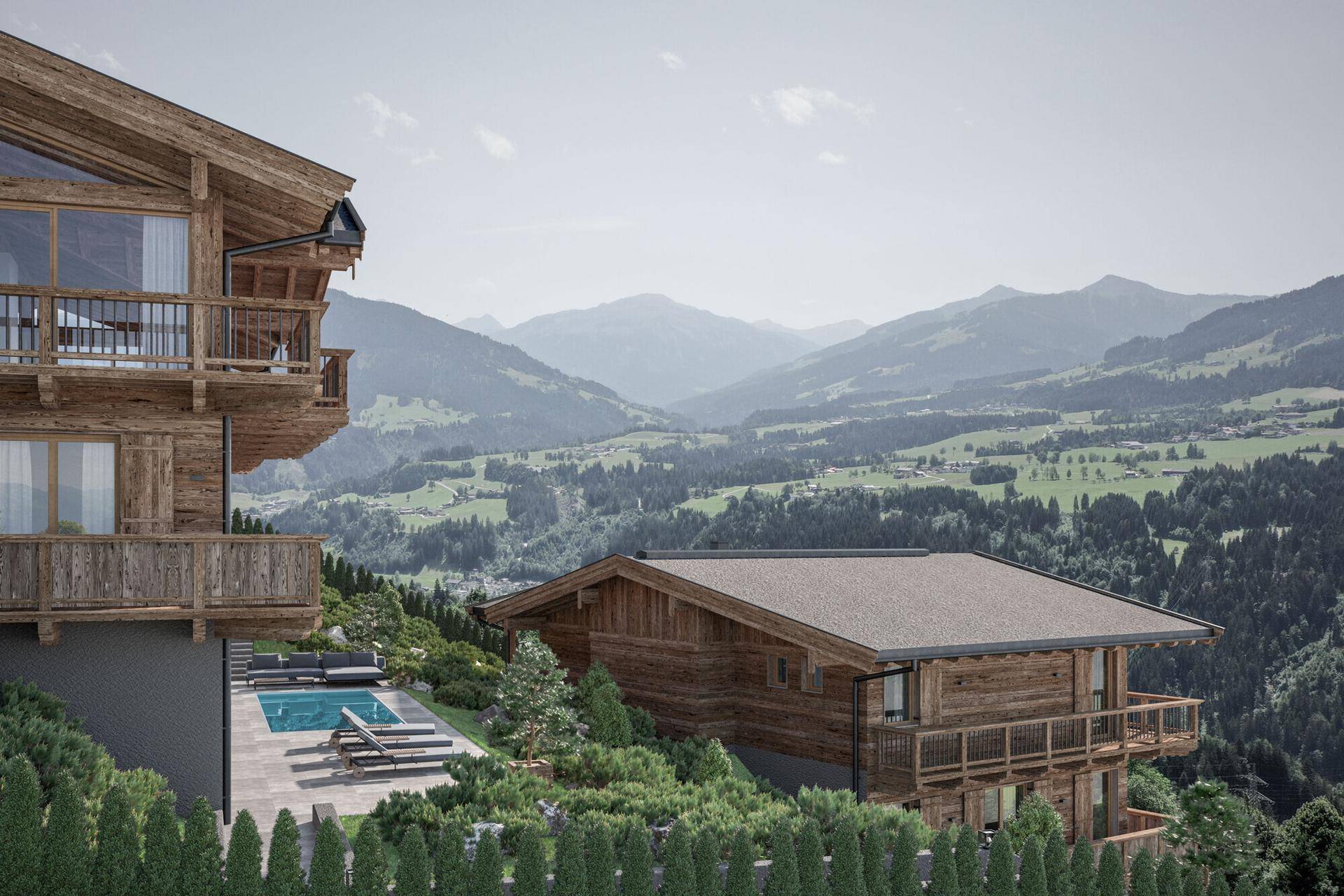 Zwei luxuriöse Chalets in alpiner Hanglage mit Pool und atemberaubendem Panoramablick.
