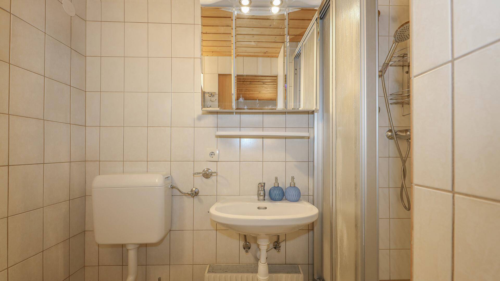 Kleines Badezimmer mit Dusche, Waschbecken und WC, hell gefliest und funktional.