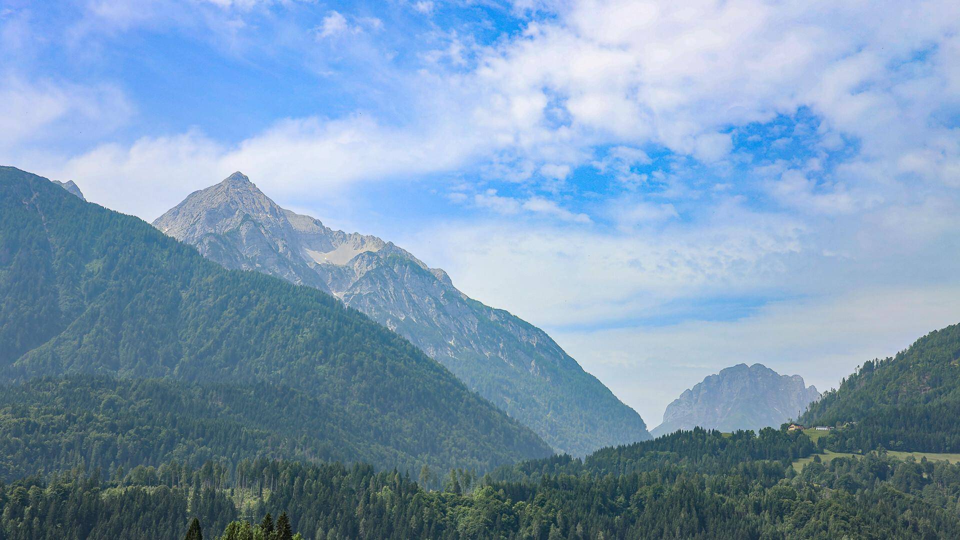 Weitläufiges Panorama von mehreren Bergketten und dichten Wäldern unter einem strahlend blauen Himmel.