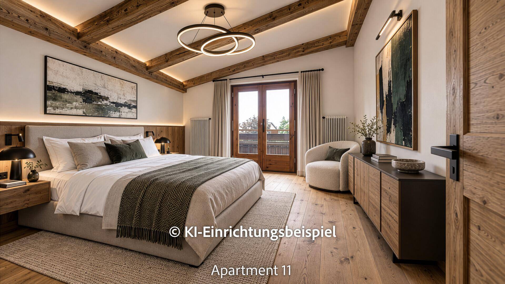 Elegantes Schlafzimmer mit Holzbalken, moderner Kunst und Zugang zu einem Balkon mit Bergblick.