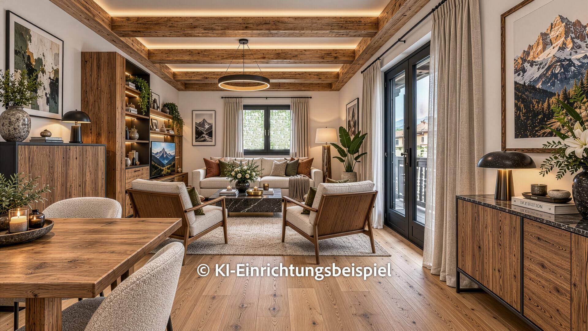 Eleganter Wohn- und Essbereich mit Holzbalkendecke, großen Fenstern und modernem Design.