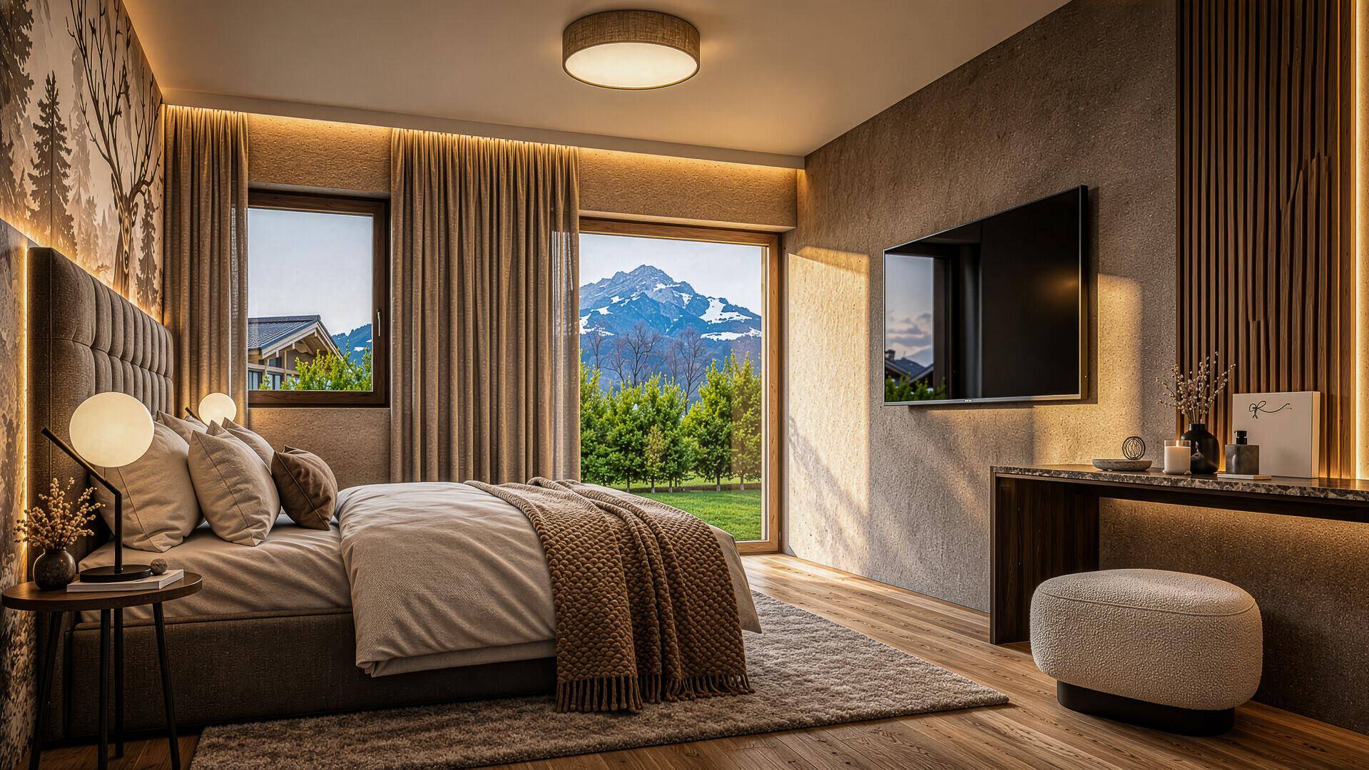 Gemütliches Schlafzimmer mit Holzboden, indirekter Beleuchtung und großem Fenster mit Bergblick.