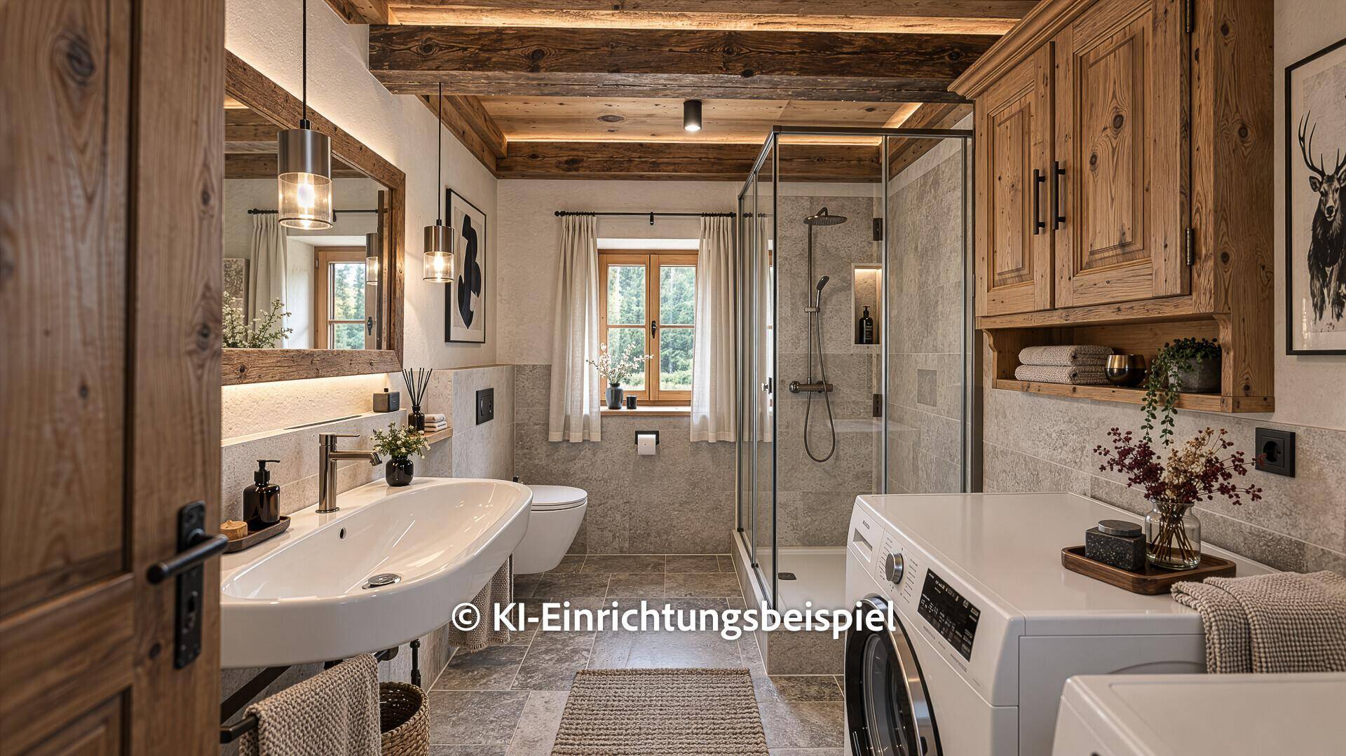 Modernisiertes Badezimmer im alpinen Stil mit Duschkabine, elegantem Waschbecken und Holzbalkendecke.