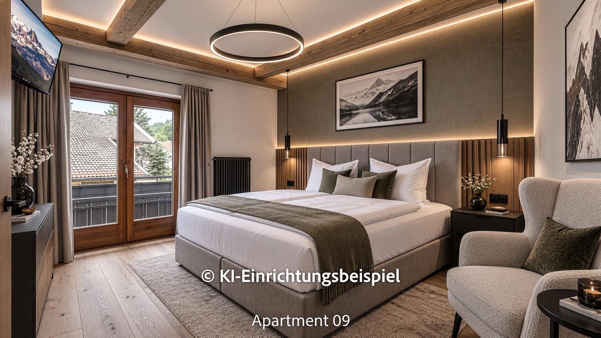 Gemütliches Schlafzimmer mit Holzbalken, modernem Lichtdesign und Zugang zu einem Balkon mit Bergblick.