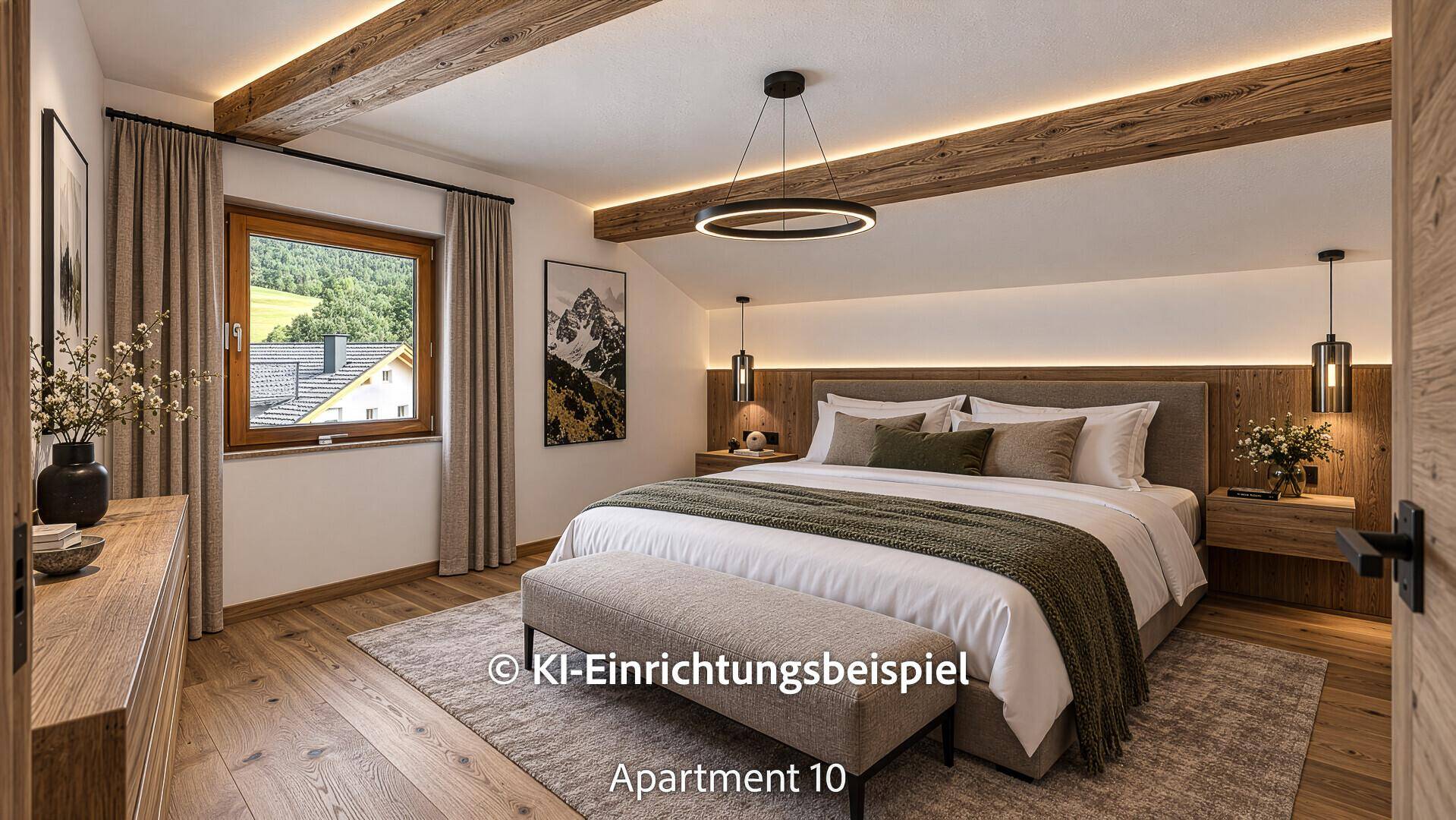 Gemütliches Schlafzimmer mit Holzbalken, modernem Design und einem Fenster mit Blick auf die grüne Landschaft.