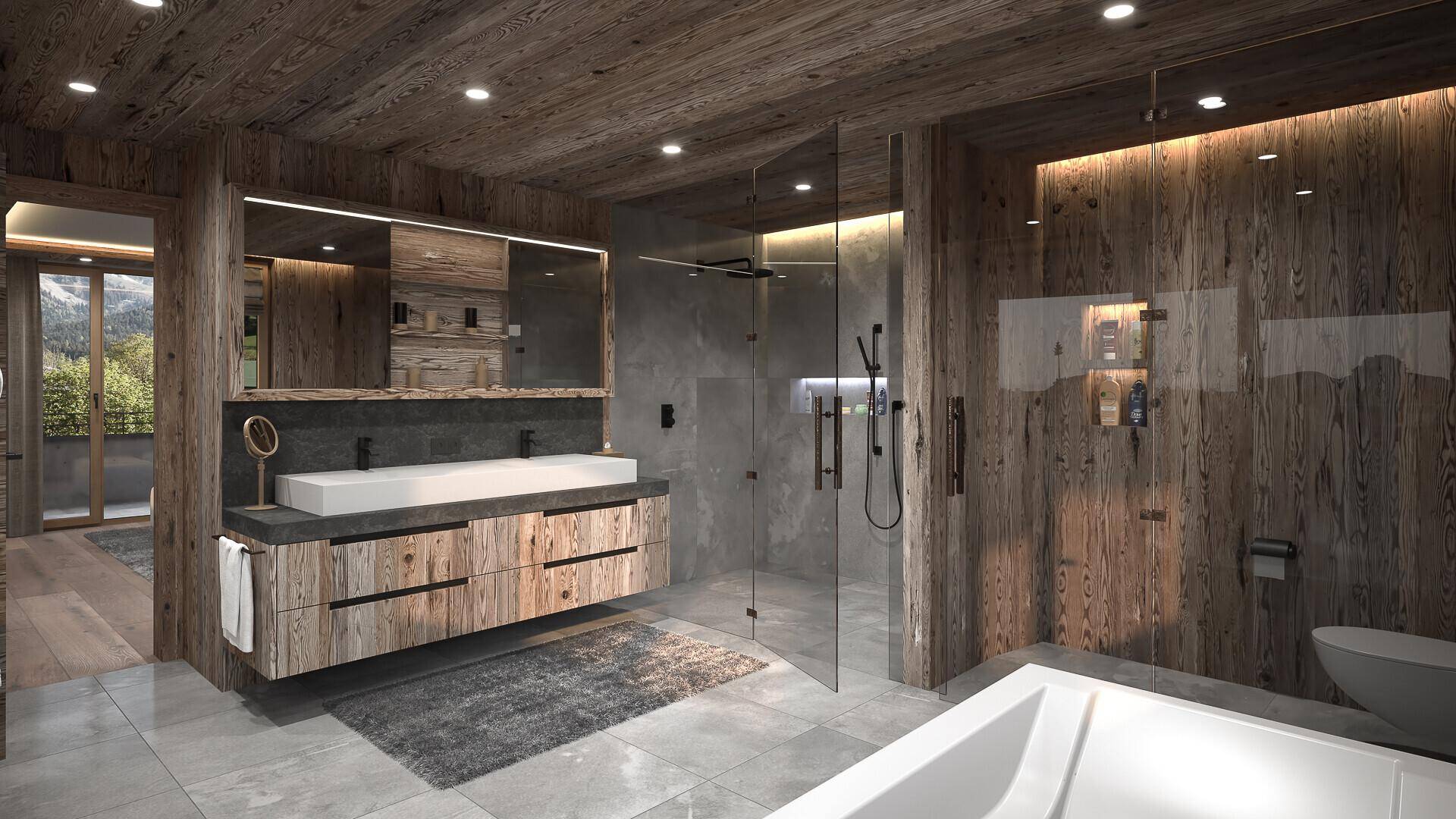 Modernes Badezimmer mit Doppelwaschbecken, begehbarer Dusche und Holzakzenten.
