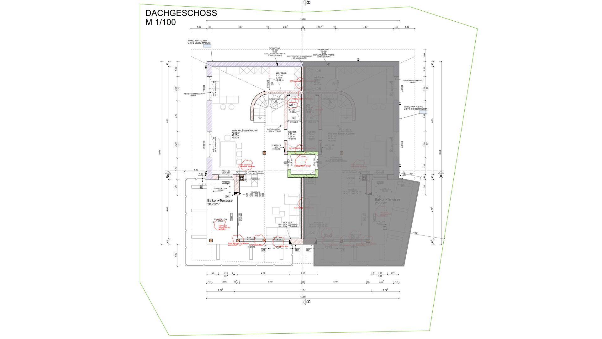Grundriss des Dachgeschosses mit Terrasse und offenem Wohnbereich.