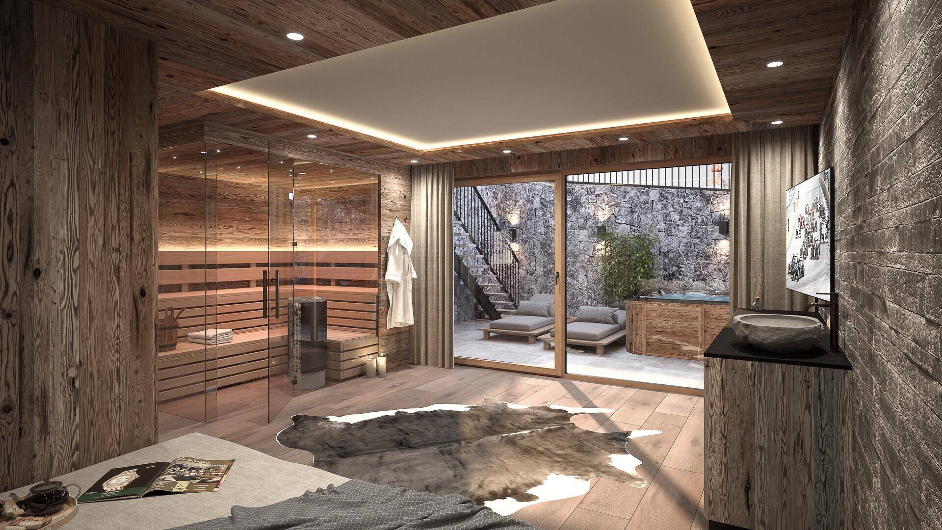 Exklusiver Wellnessbereich mit Sauna, Ruhezone und Zugang zu einem privaten Außenbereich.