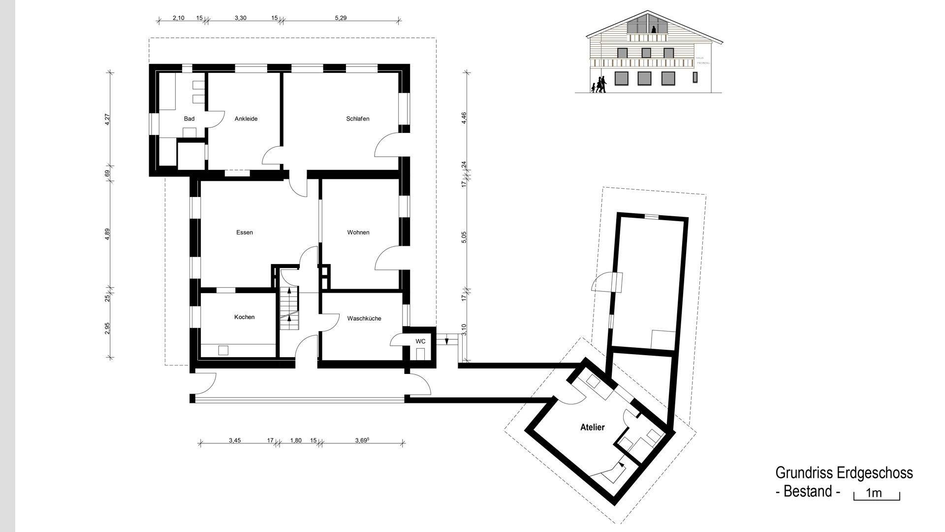 Grundriss des Erdgeschosses mit Küche, Wohnzimmer, Essbereich und Atelier.