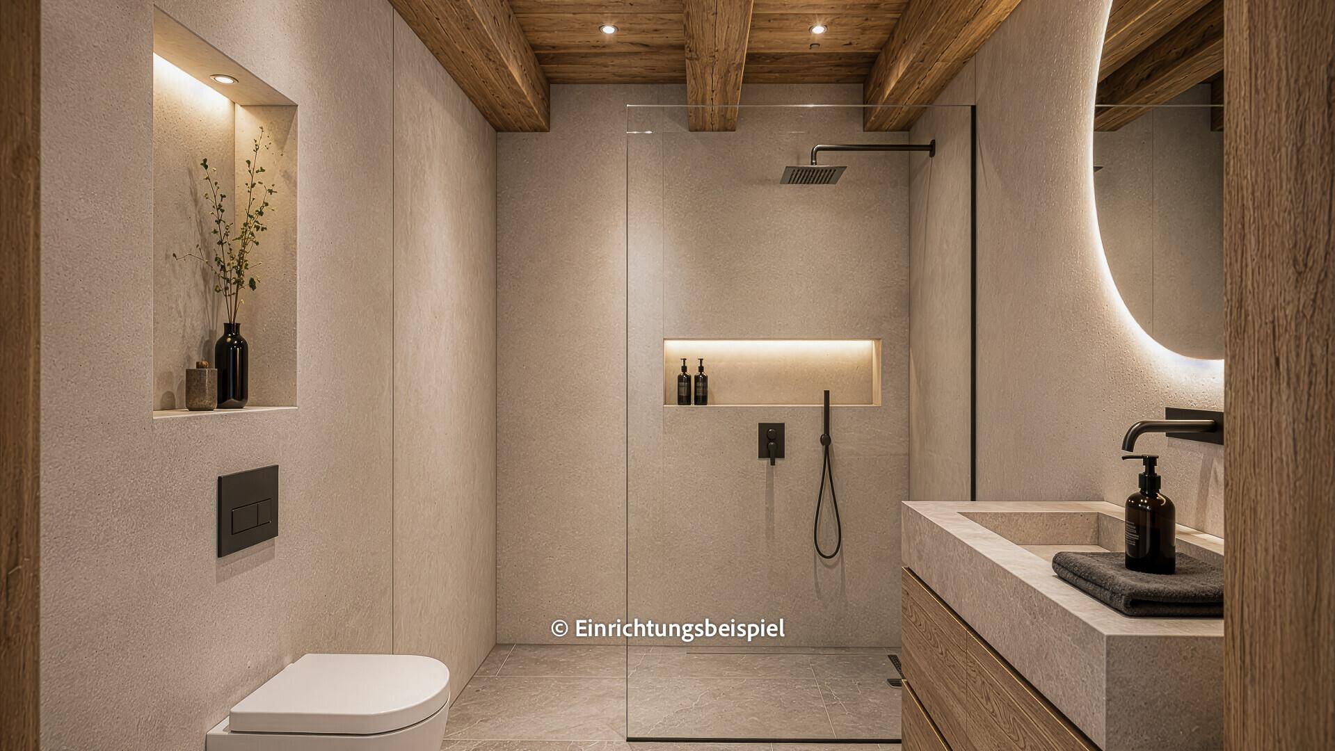 Stilvolles Badezimmer mit begehbarer Dusche, integrierter Nische und modernem Waschtisch.
