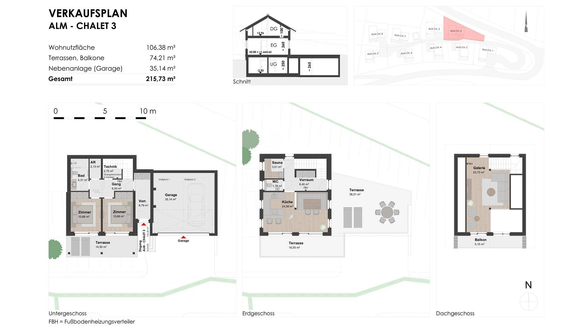 Verkaufsplan für Chalet 3 mit Grundrissen für Untergeschoss, Erdgeschoss und Dachgeschoss.