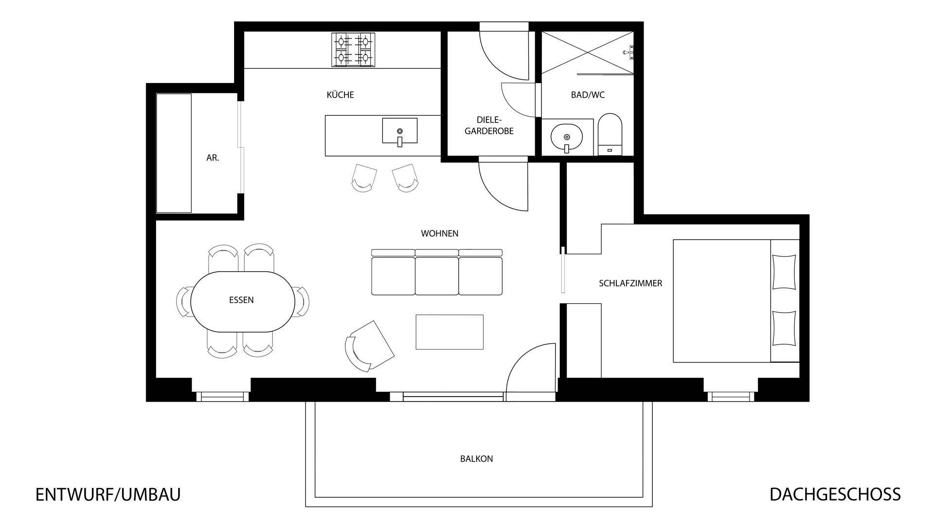 Moderner Grundriss des Dachgeschosses mit offener Küche, Wohnbereich und Schlafzimmer.