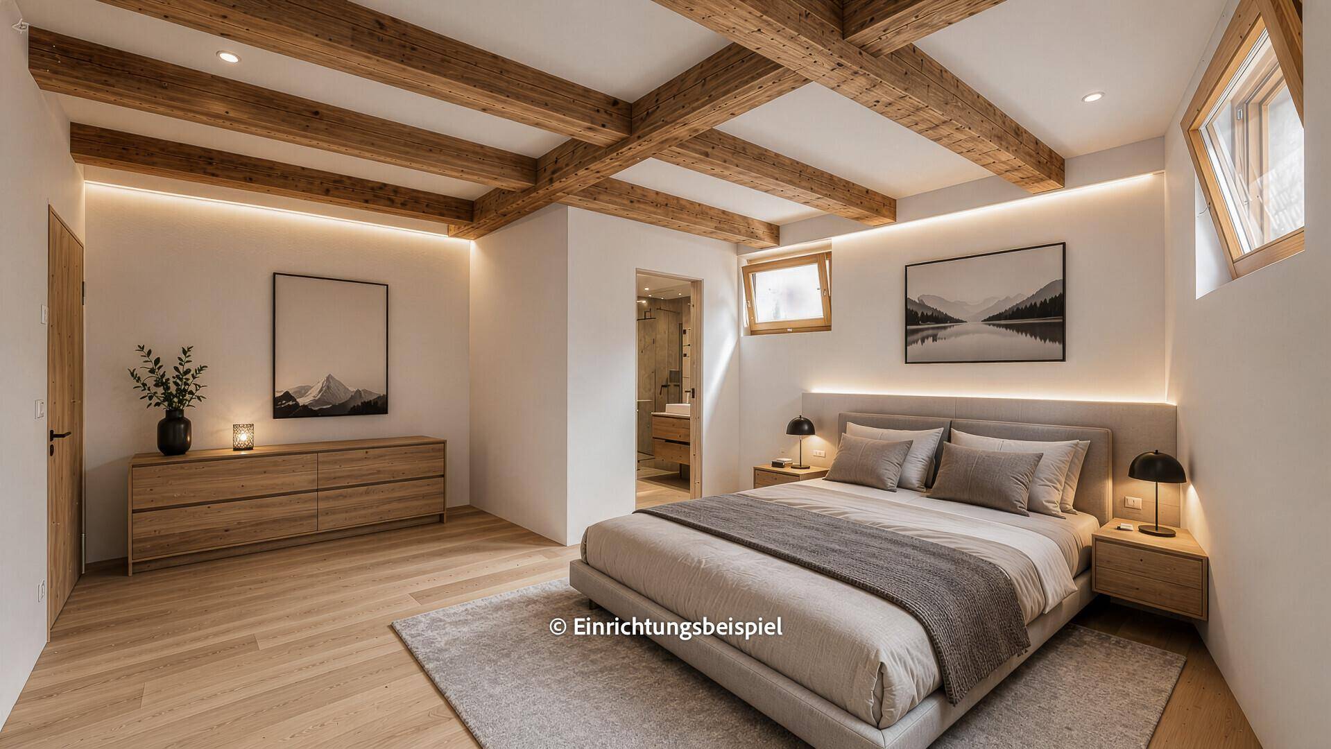 Modernes Schlafzimmer mit Holzbalkendecke, indirekter Beleuchtung und Zugang zum Badezimmer.