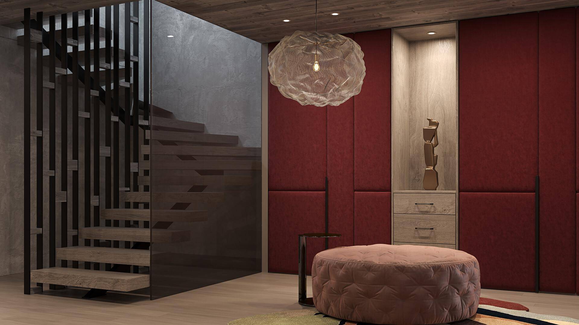 Moderner Flurbereich mit eleganter Holz-Glas-Treppe und integrierten Schränken.