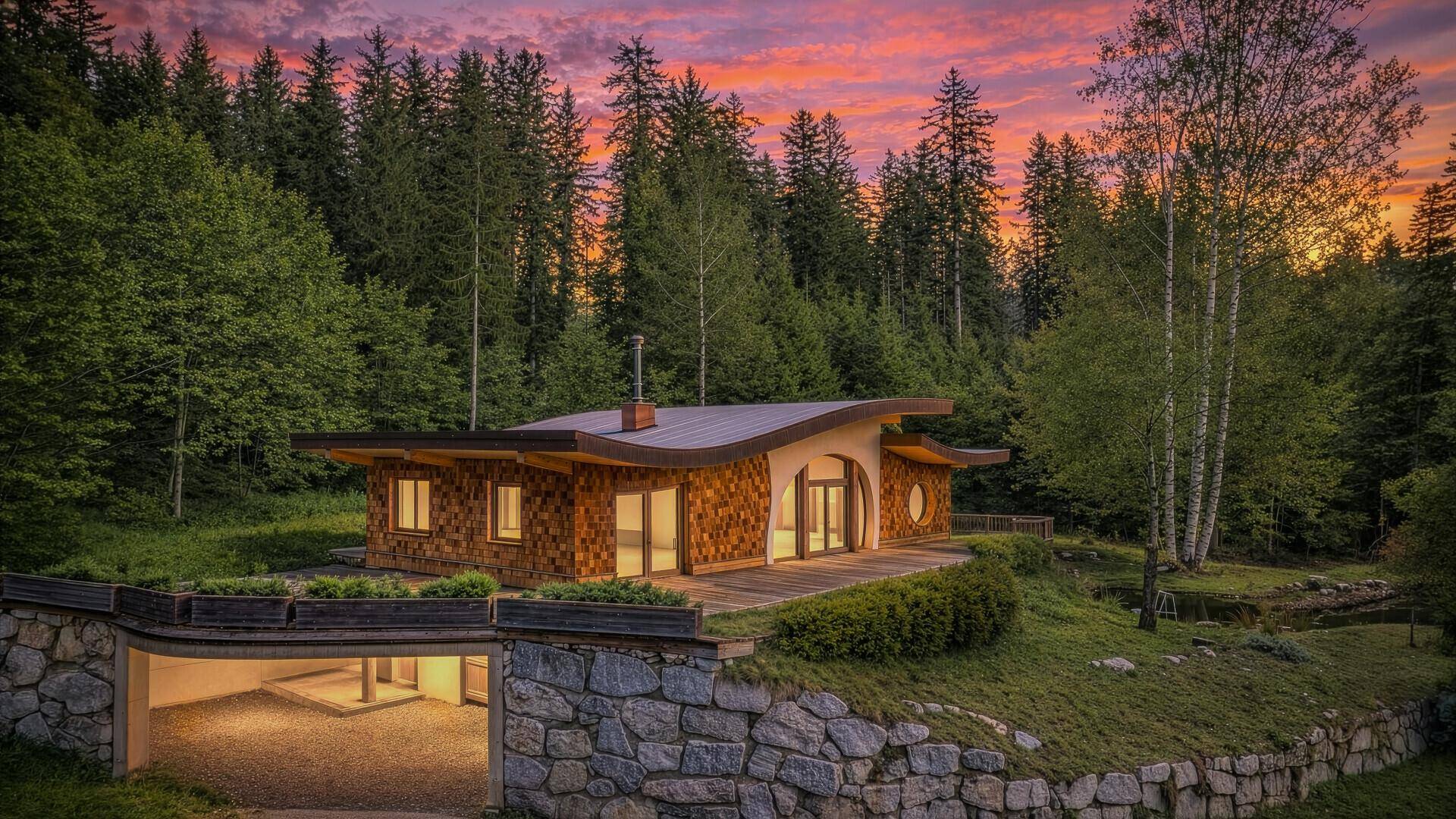 Architektonisch einzigartiges Haus bei Sonnenuntergang, mit leuchtendem Himmel und integriertem Carport.
