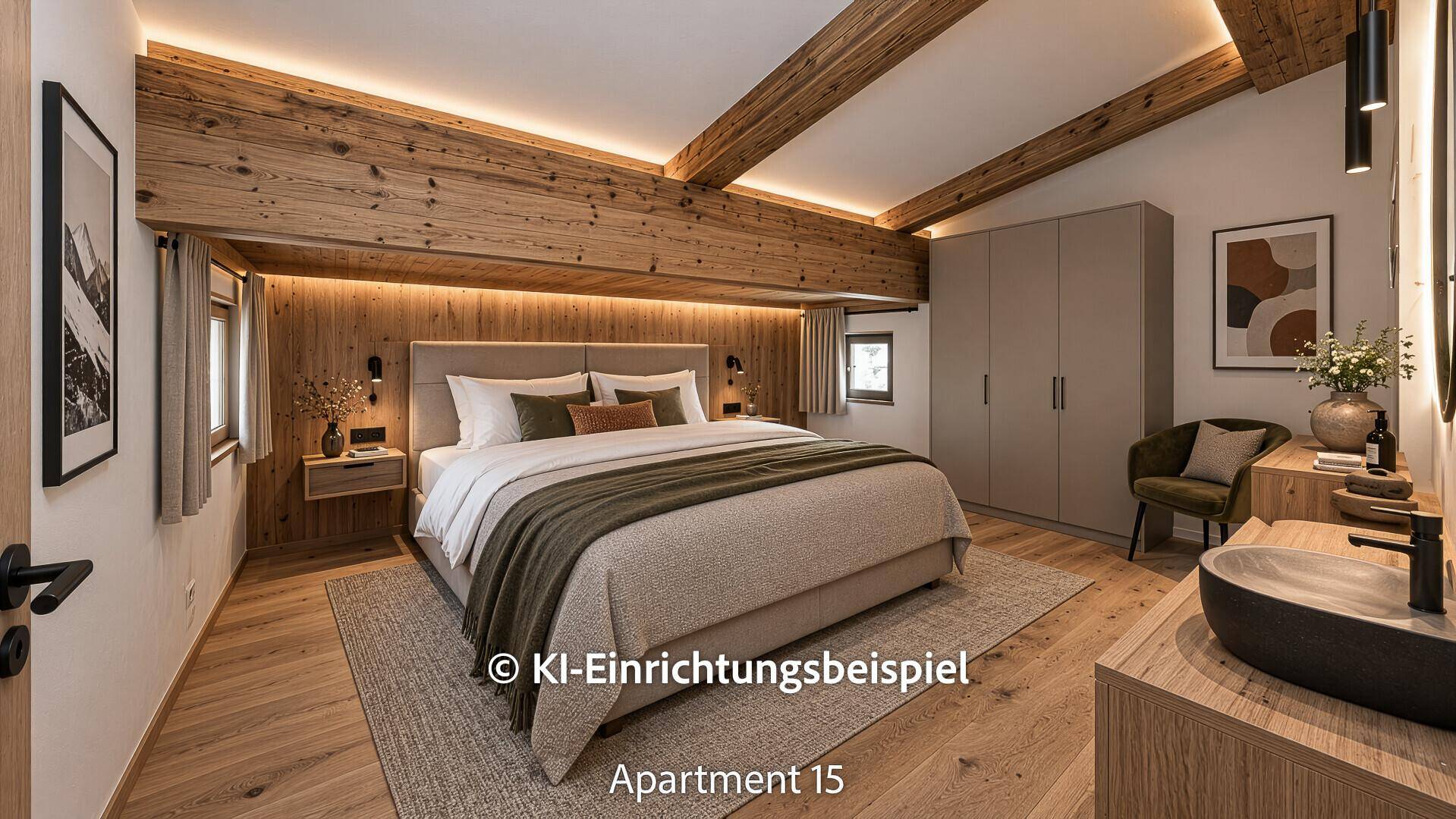 Schlafzimmer im alpinen Stil mit Holzbalken, Einbauschränken und integriertem Waschtischbereich.