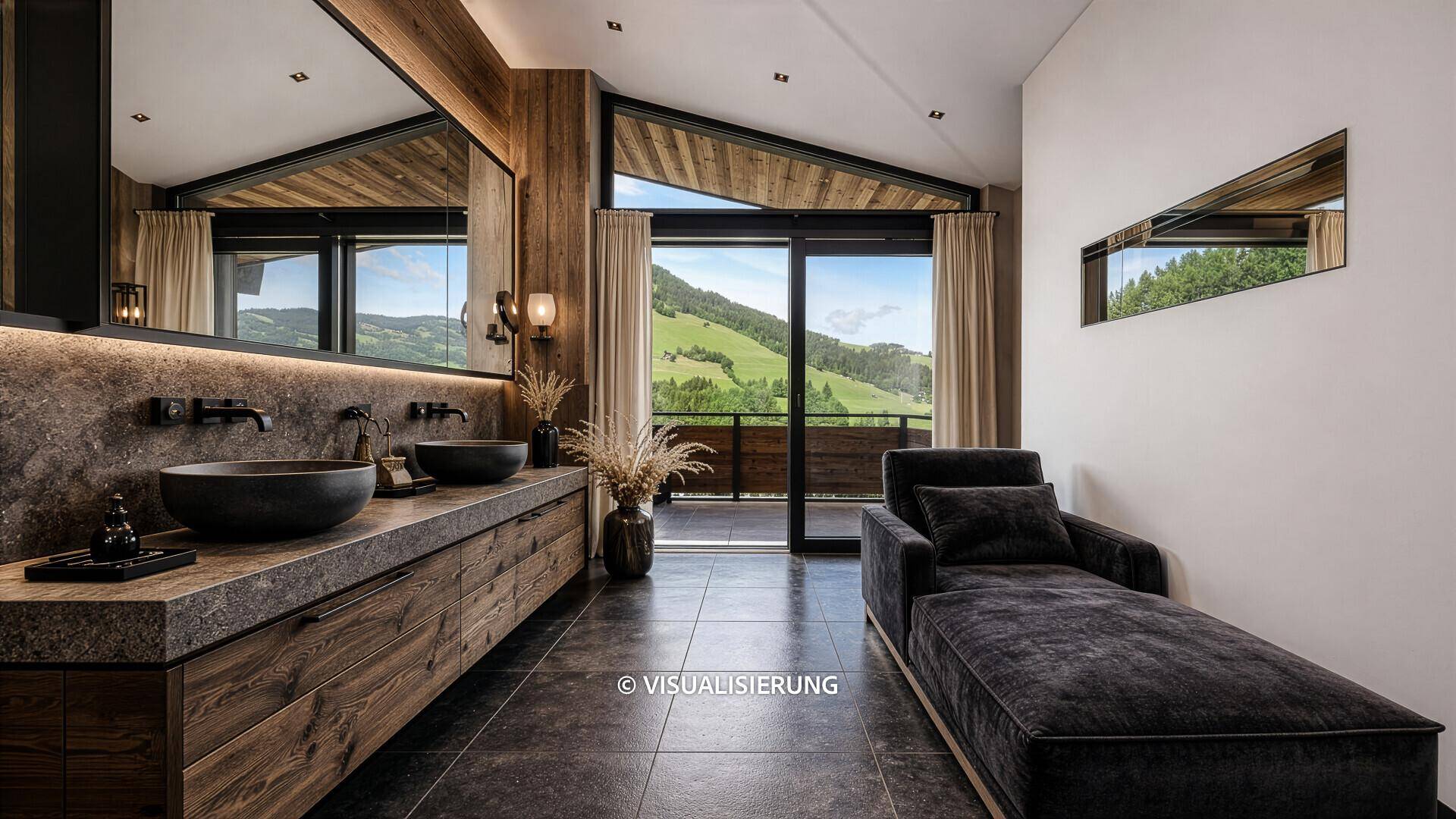 Elegantes Badezimmer mit Holzwaschtisch, Steinplatte und weitem Blick auf die Berge.