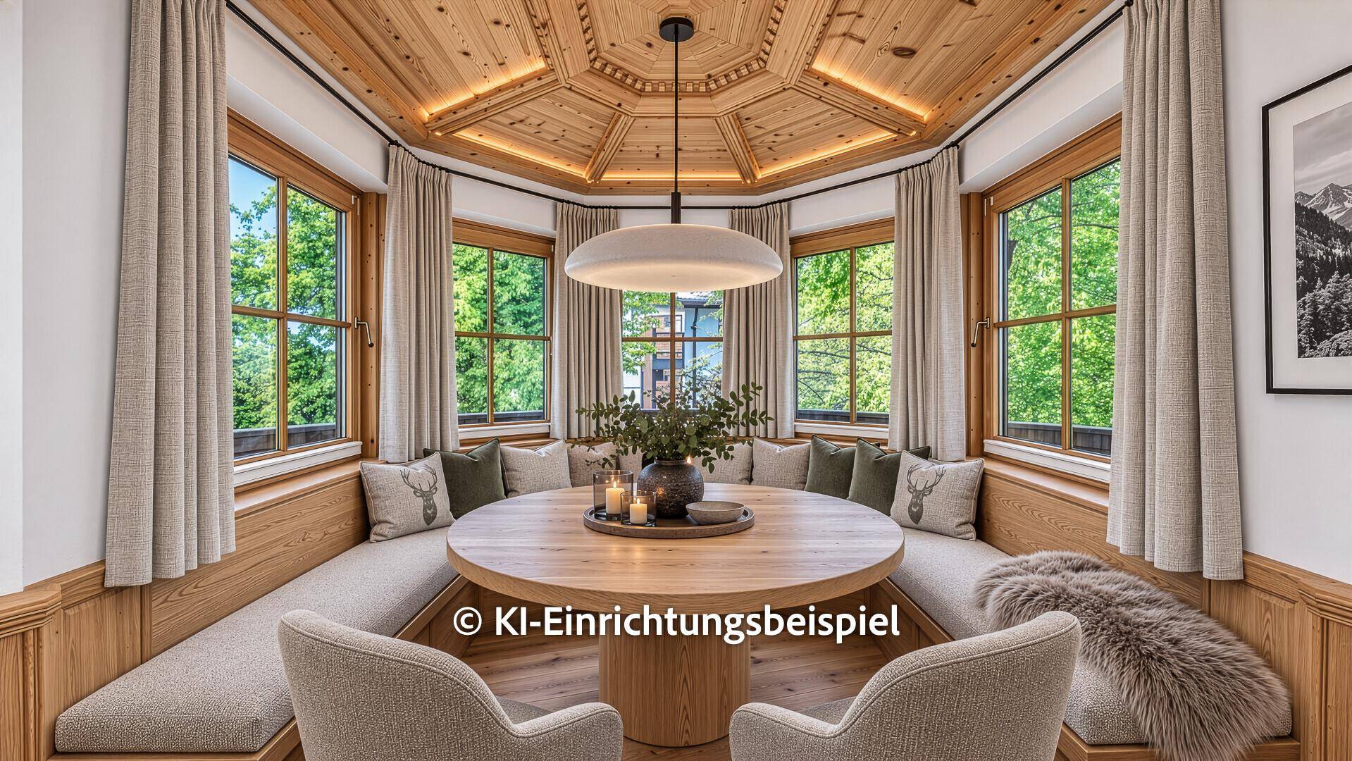 Moderne Essecke mit Holztisch und bequemen Bänken, umgeben von Holzvertäfelung und Fenstern mit grüner Aussicht.