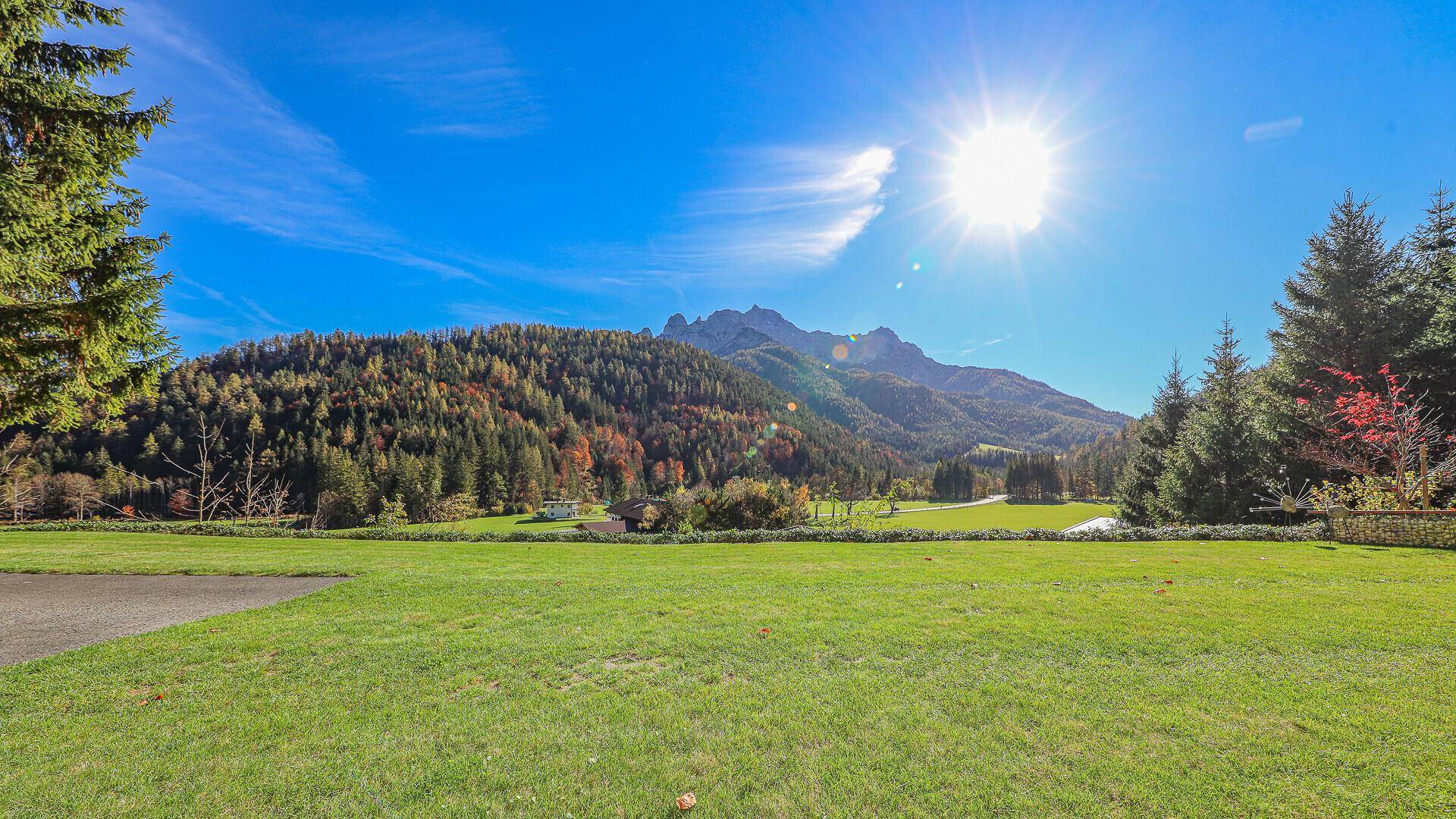 Weitläufige grüne Landschaft mit Bergen im Hintergrund unter strahlend blauem Himmel.