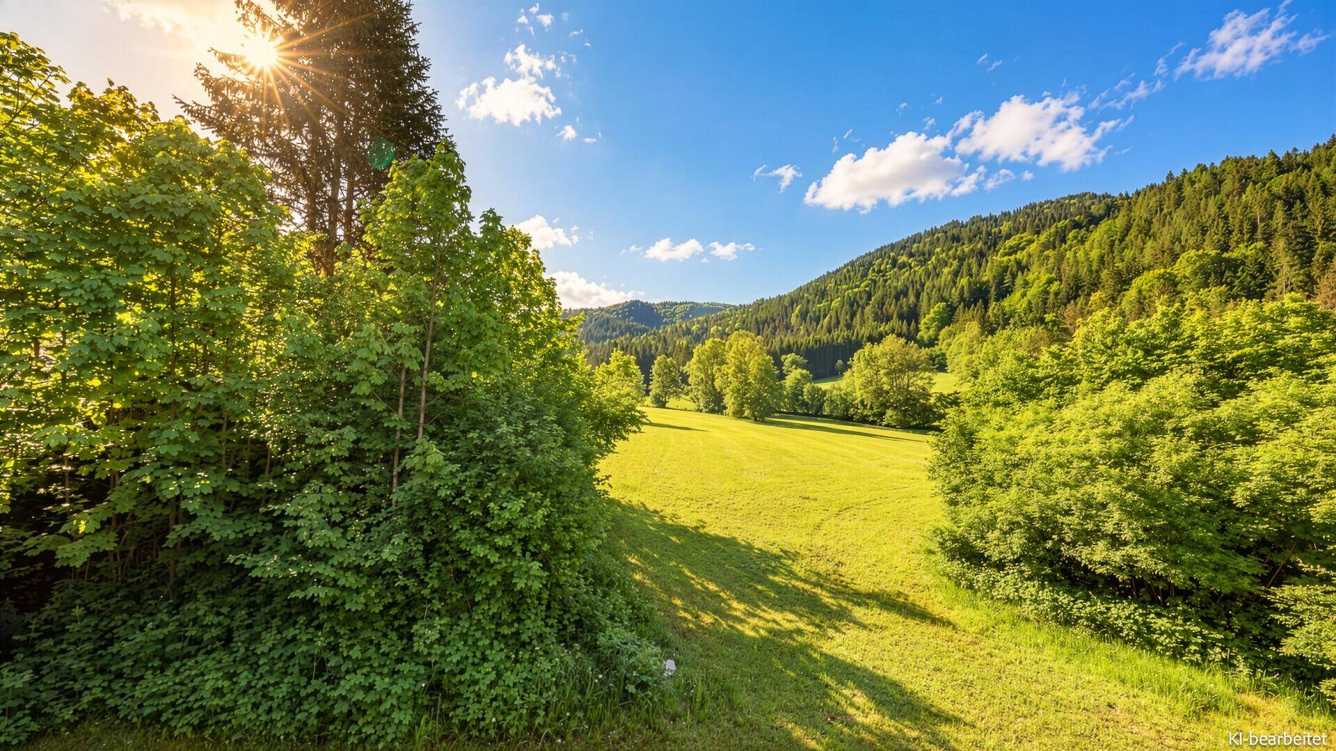 Weitläufige grüne Wiesen umgeben von dichten Wäldern unter strahlend blauem Himmel.
