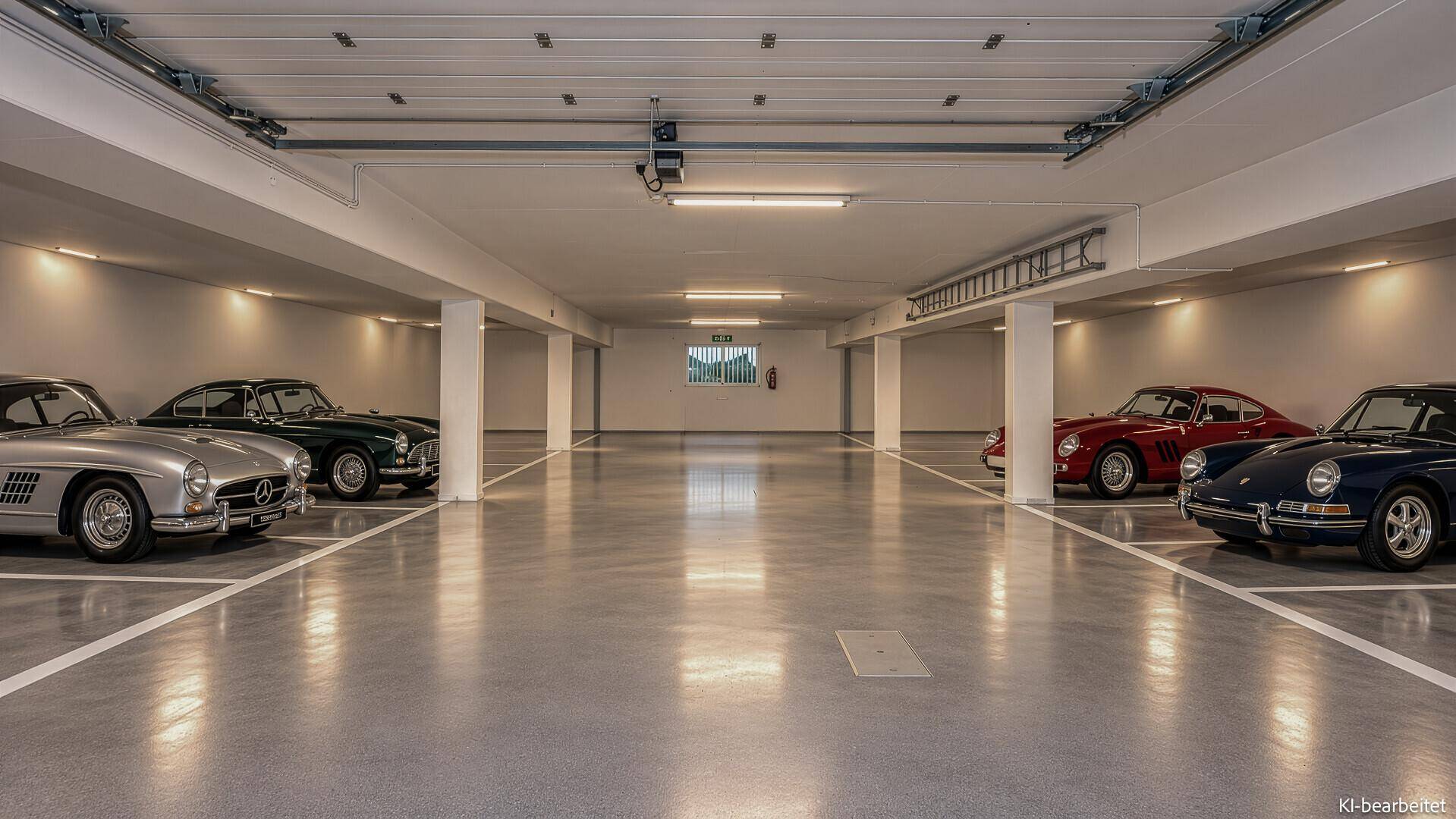 Exklusive Tiefgarage mit glänzendem Boden und mehreren Oldtimern, ein Beispiel für Luxus.