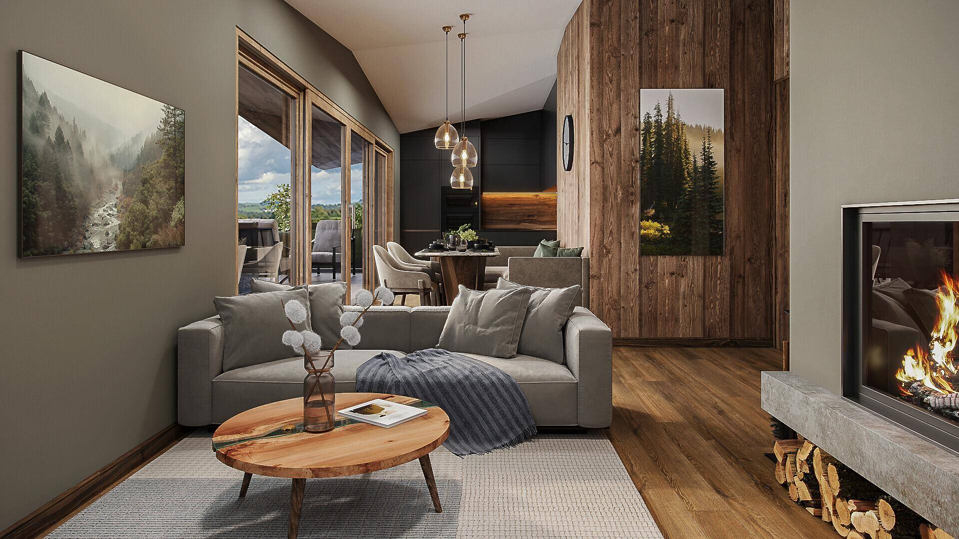 Gemütliches Wohnzimmer mit Kamin, Holzboden und Blick auf die umliegende Natur durch große Fenster.