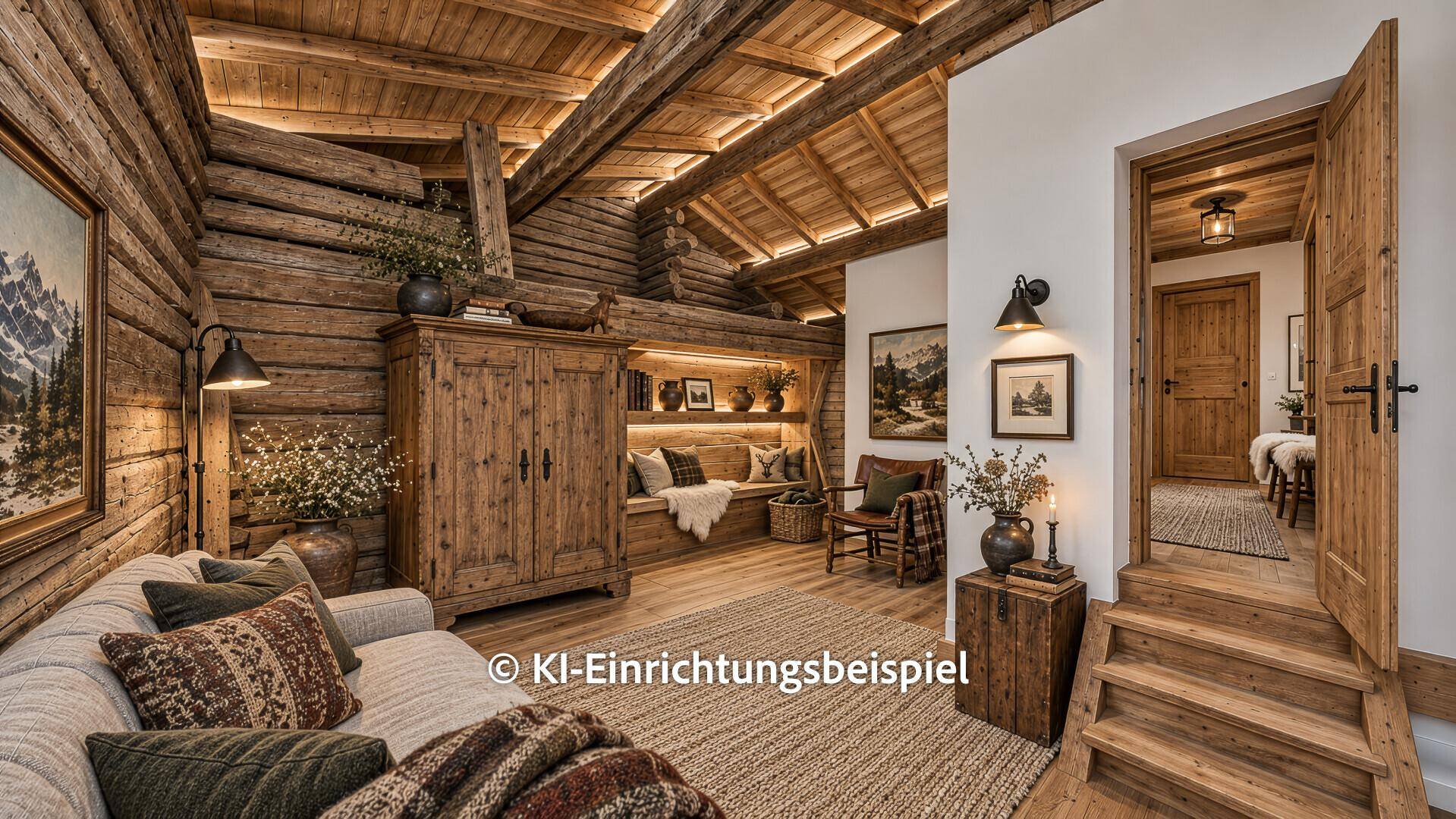 Modernisierter alpiner Wohnbereich mit sichtbaren Holzbalken, gemütlicher Sitzecke und indirekter Beleuchtung.