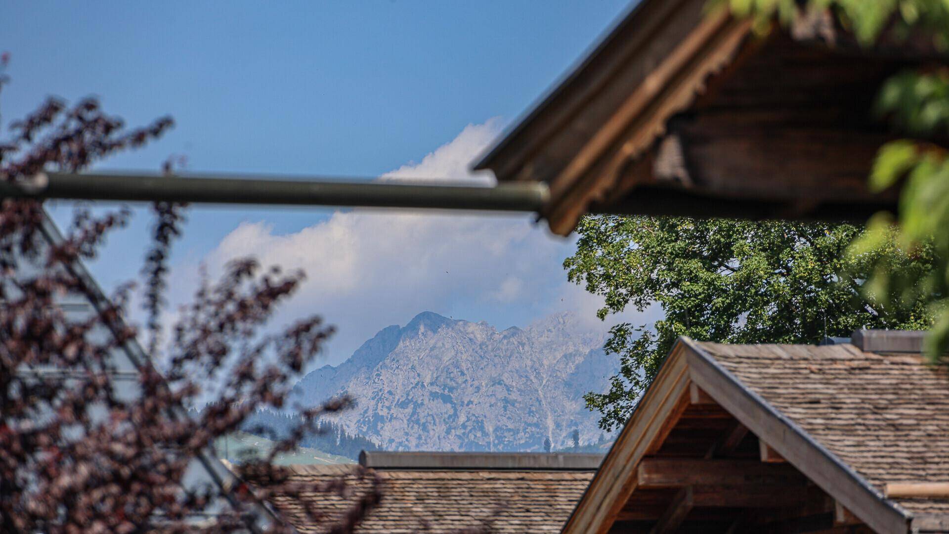 Blick auf die majestätischen Berge, umrahmt von Baumwipfeln und traditionellen Dächern.