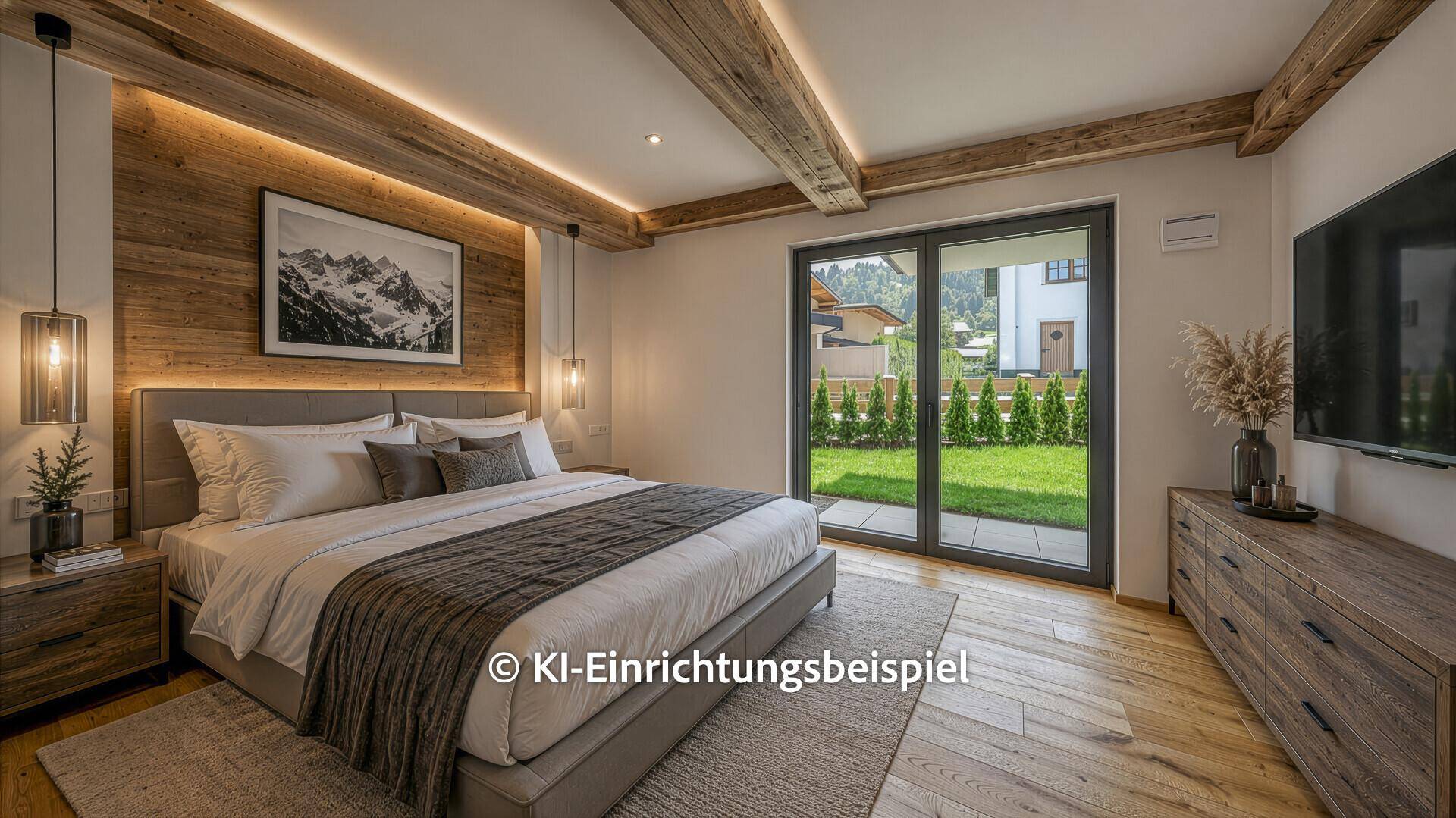 Gemütliches Schlafzimmer mit Holzbalken, Holzwand und Zugang zum Garten.