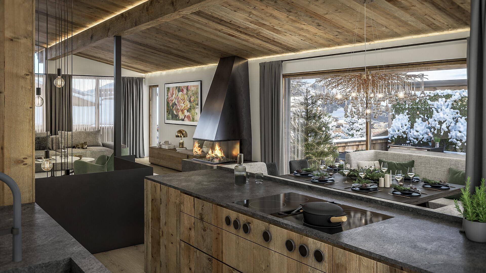 Offene Küche mit Holzfronten und Steinplatte, integriert in den Wohn-Essbereich mit Kamin.