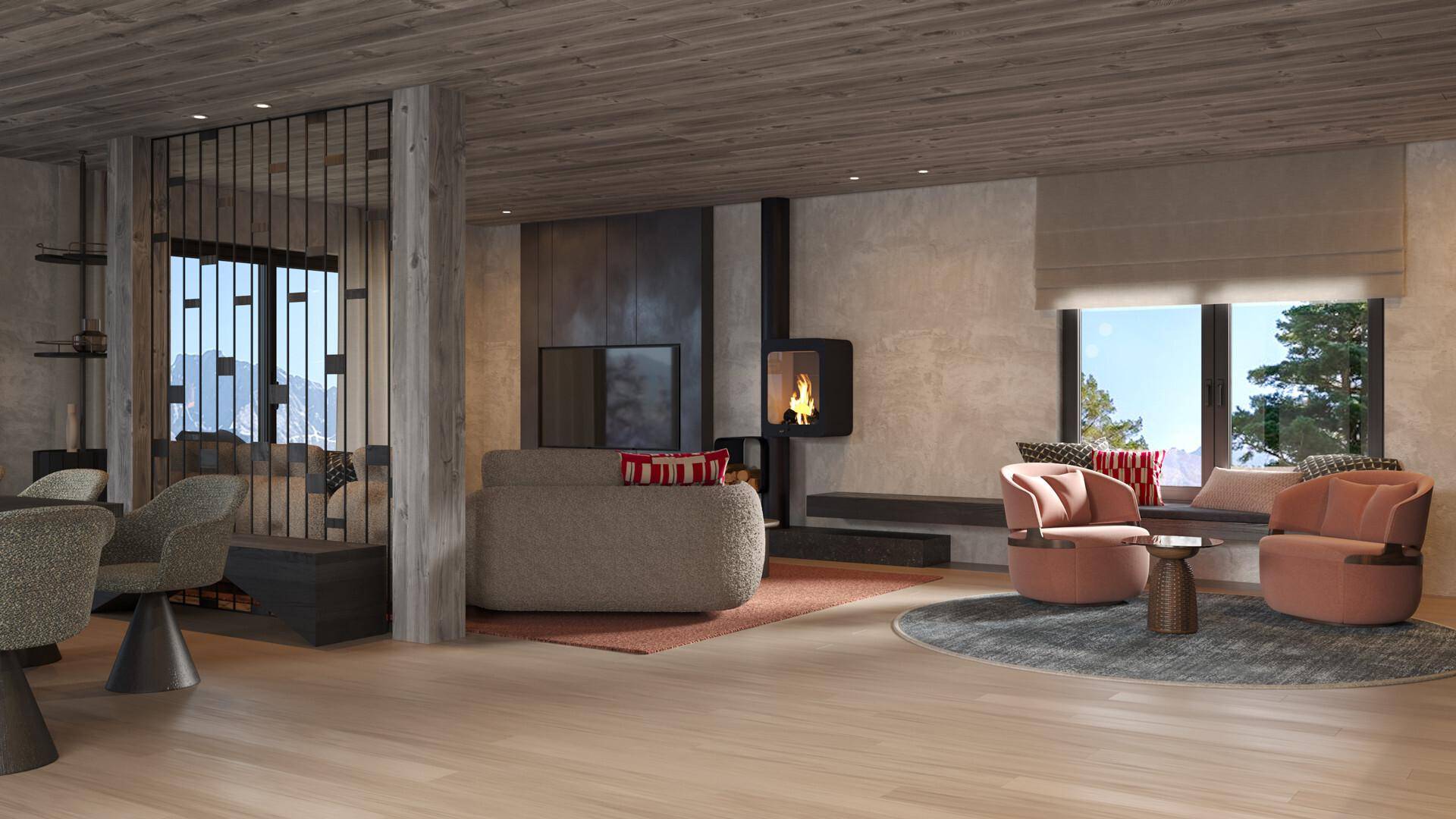 Modernes Wohnzimmer mit Kamin, Holzbalkendecke und großen Fenstern mit Bergblick.