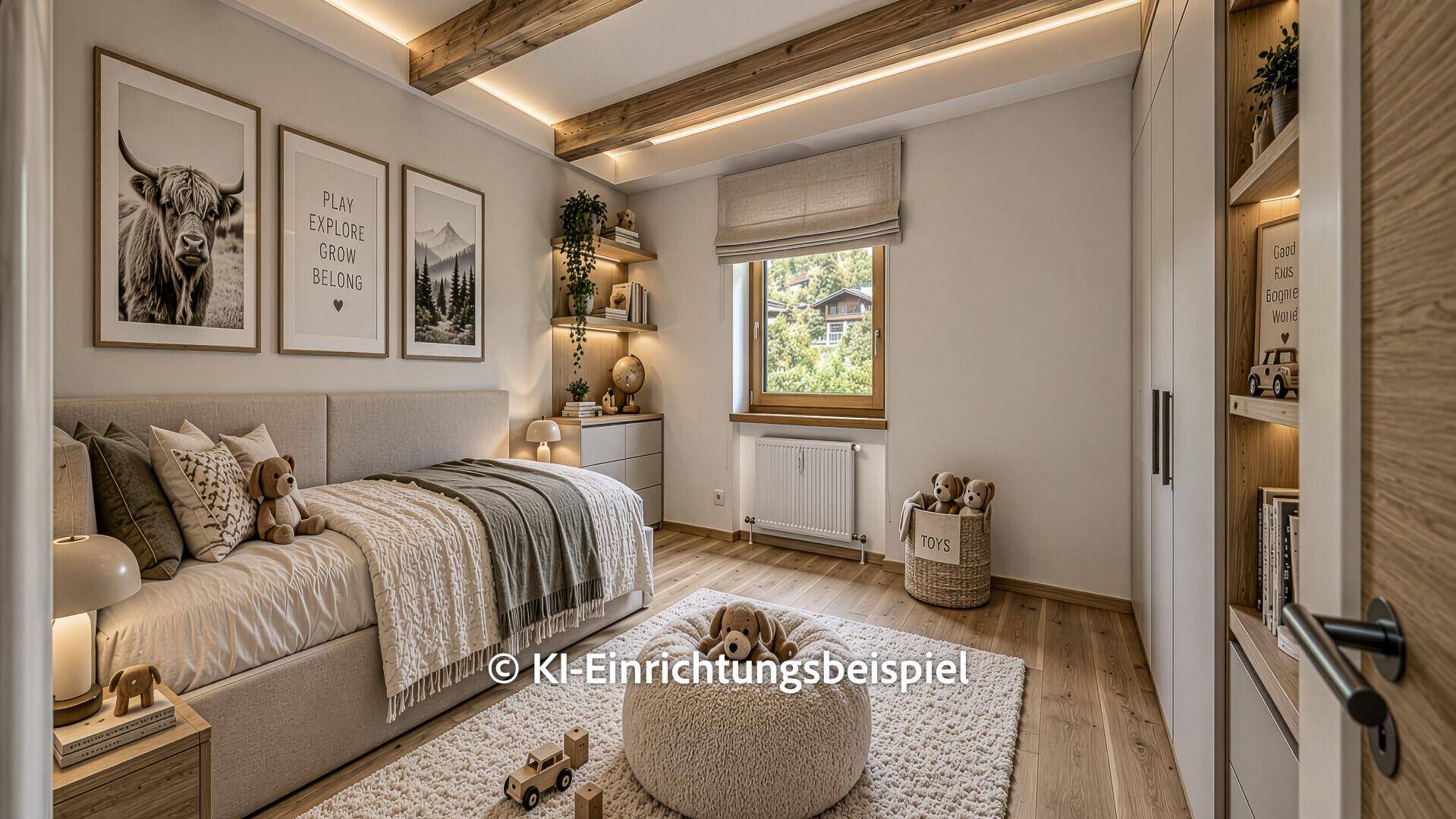 Gemütliches Schlafzimmer im alpinen Stil mit Holzbalken, Einzelbett und Blick ins Grüne.