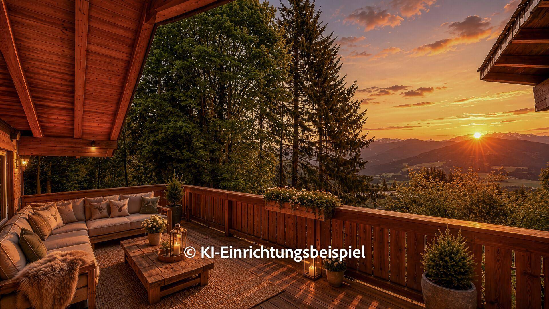 Stimmungsvoller Balkon bei Sonnenuntergang mit Lounge-Möbeln und weitem Bergblick.
