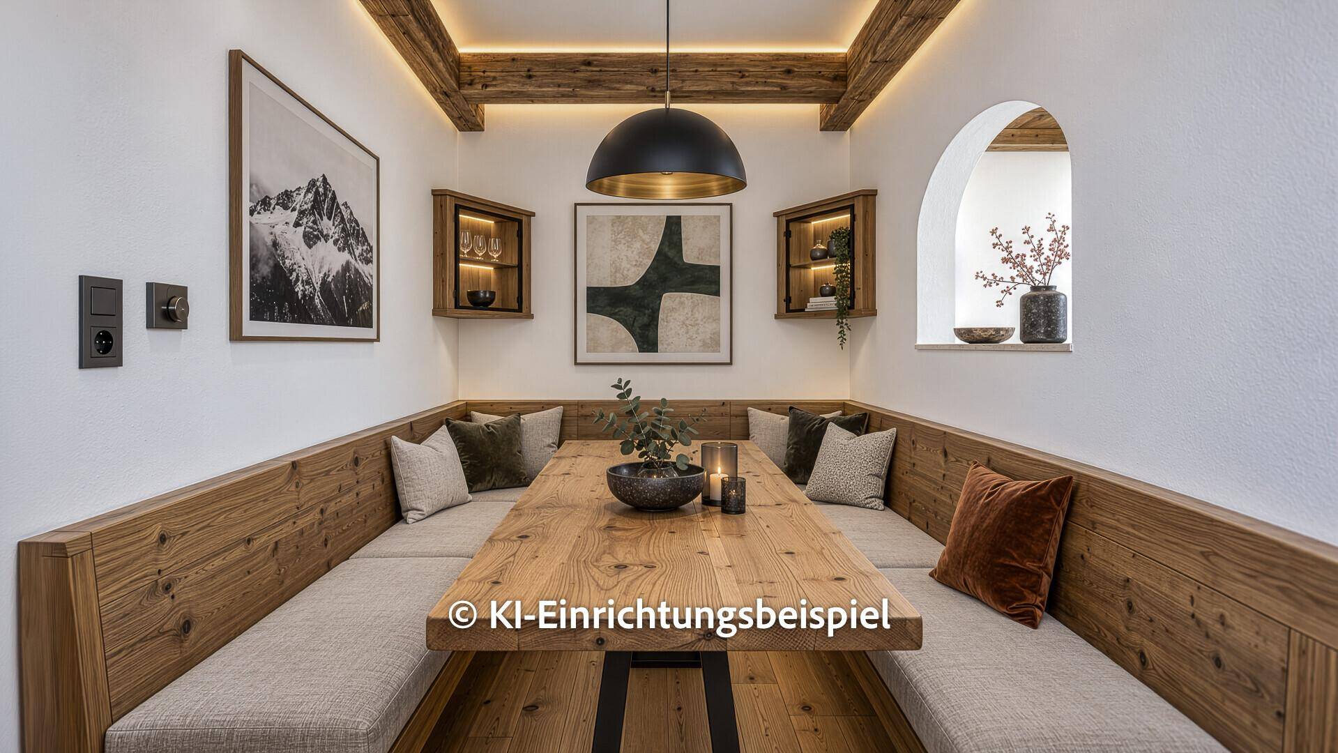 Stilvolle Essecke mit modernen Holzbänken und Esstisch, perfekt für gemütliche Runden.