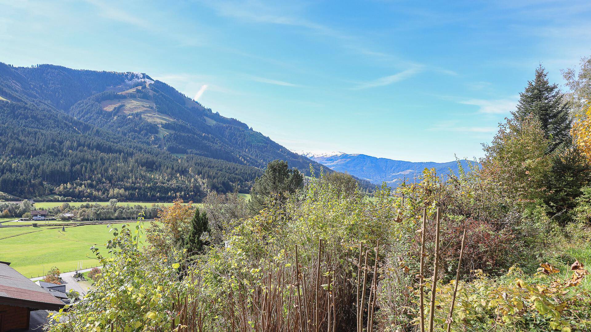 Panoramablick über grüne Täler und bewaldete Berge mit schneebedeckten Gipfeln in der Ferne.
