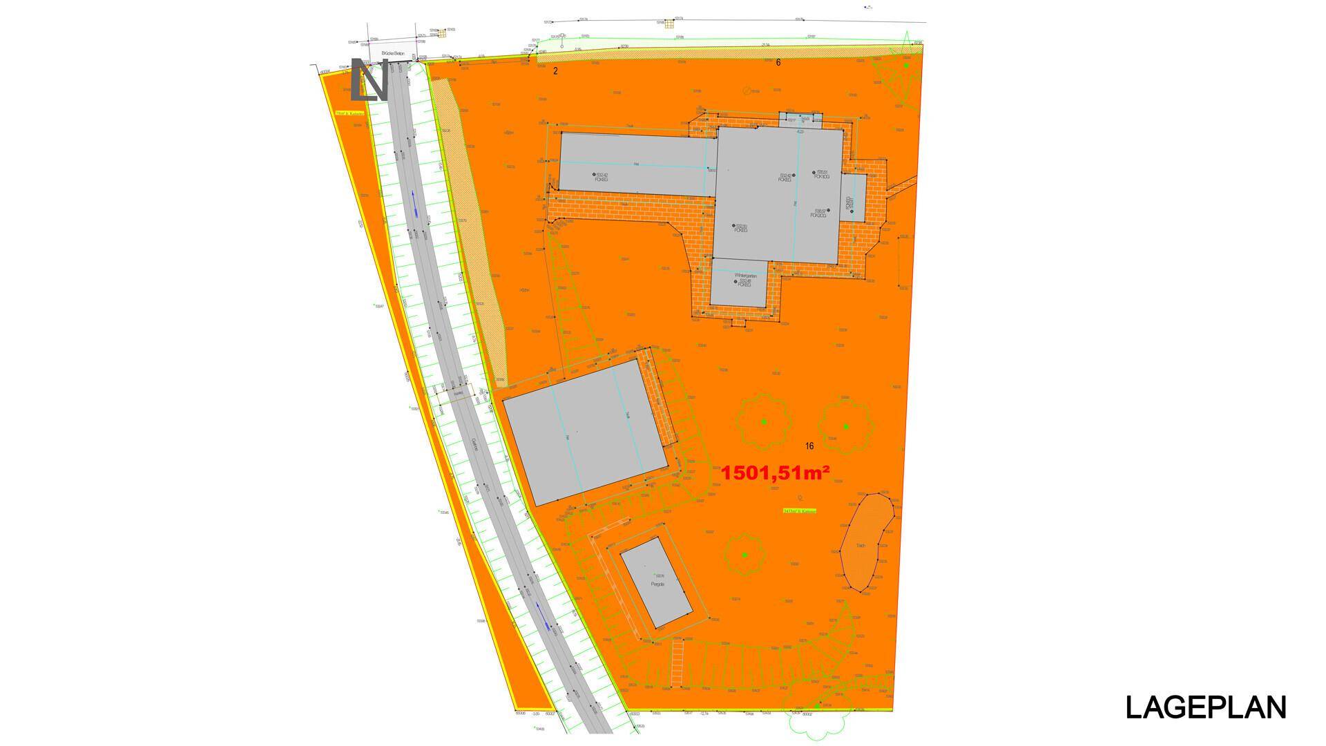 Lageplan des Grundstücks mit Gebäuden, Zufahrt und einer Fläche von 1501,51 m².
