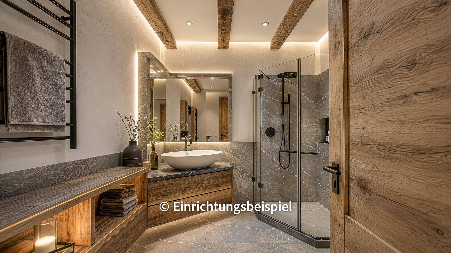 Elegantes Badezimmer mit modernem Waschtisch, Holzelementen und begehbarer Dusche.
