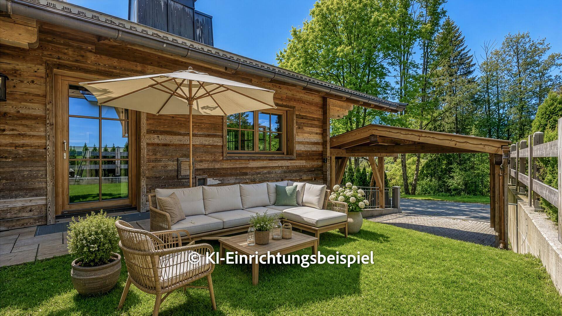 Gemütliche Sitzecke im Garten mit Sonnenschirm vor dem Holzhaus, ideal zum Entspannen im Grünen.