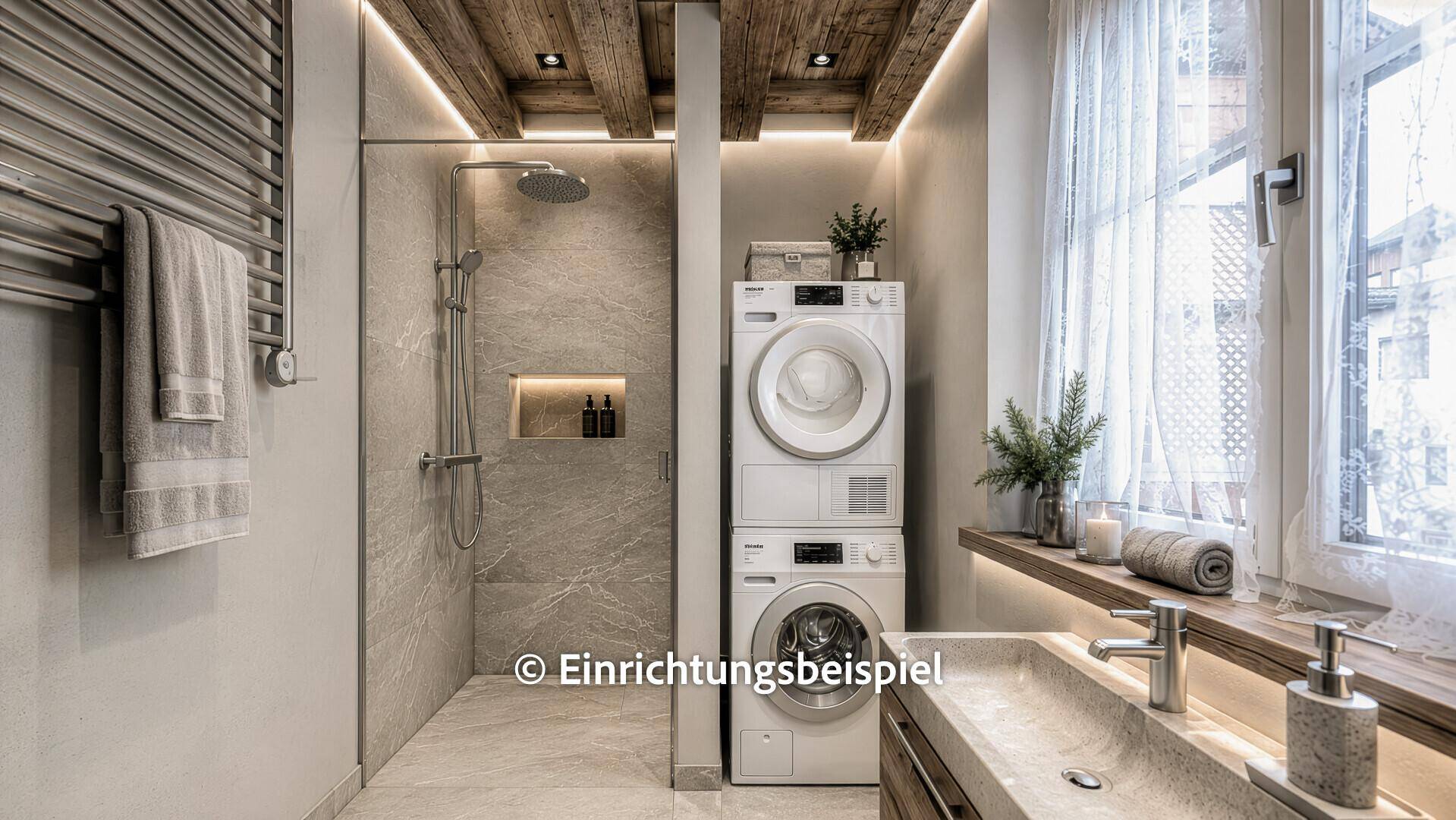 Modernes Badezimmer mit Dusche, Waschmaschine, Trockner und Holzbalkendecke im alpinen Stil.