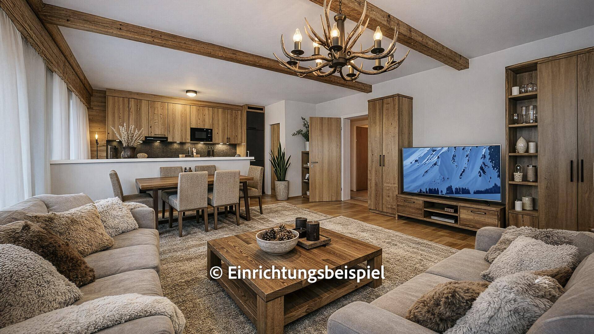 Rustikales Wohnzimmer mit Essbereich und offener Holzküche, sichtbaren Holzbalken und moderner Einrichtung.