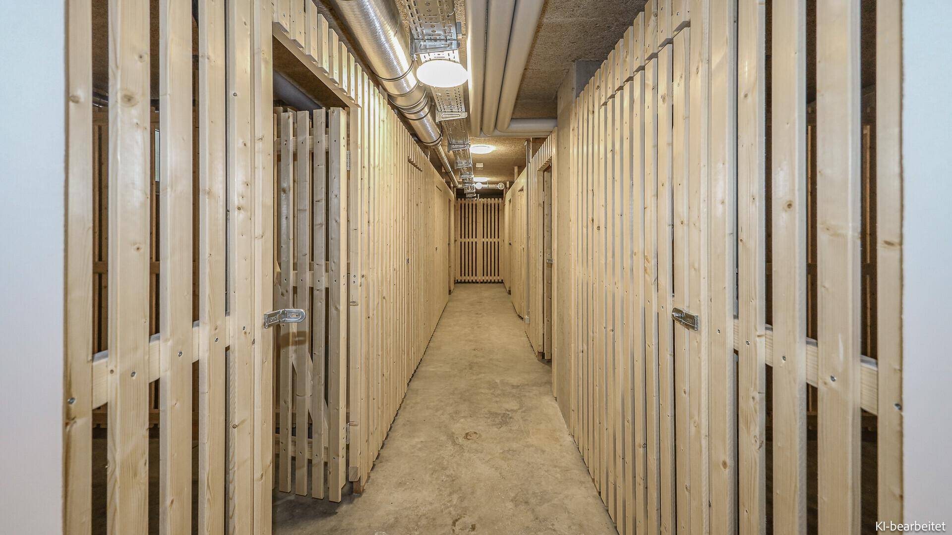 Kellerabteile mit Holzlattenwänden für zusätzlichen Stauraum.